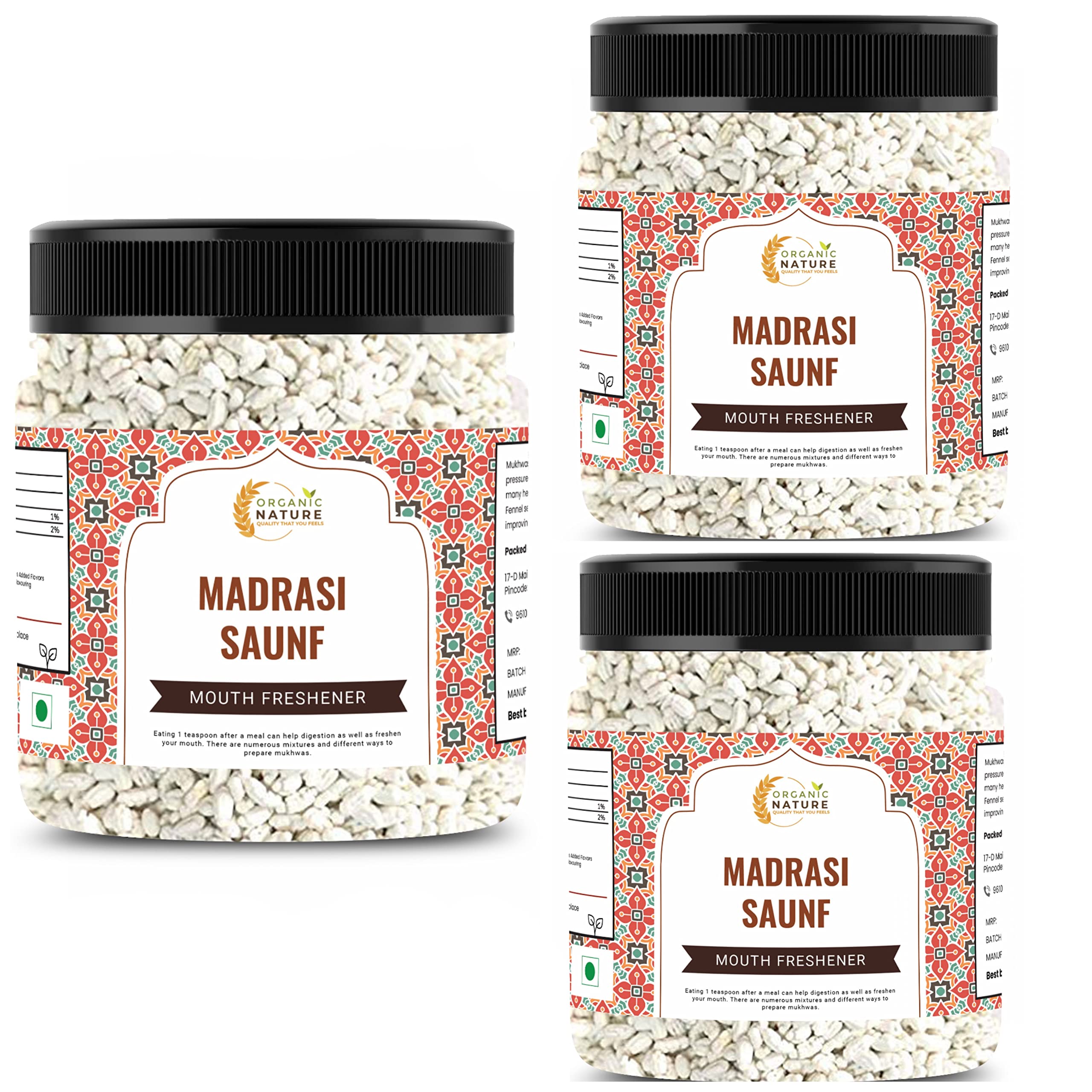 Organic Nature Peppermint Fennel Seeds Madrasi saunf - White Saunf (Jar Pack) (900 Grams (Pack of 3 of 300 Grams))