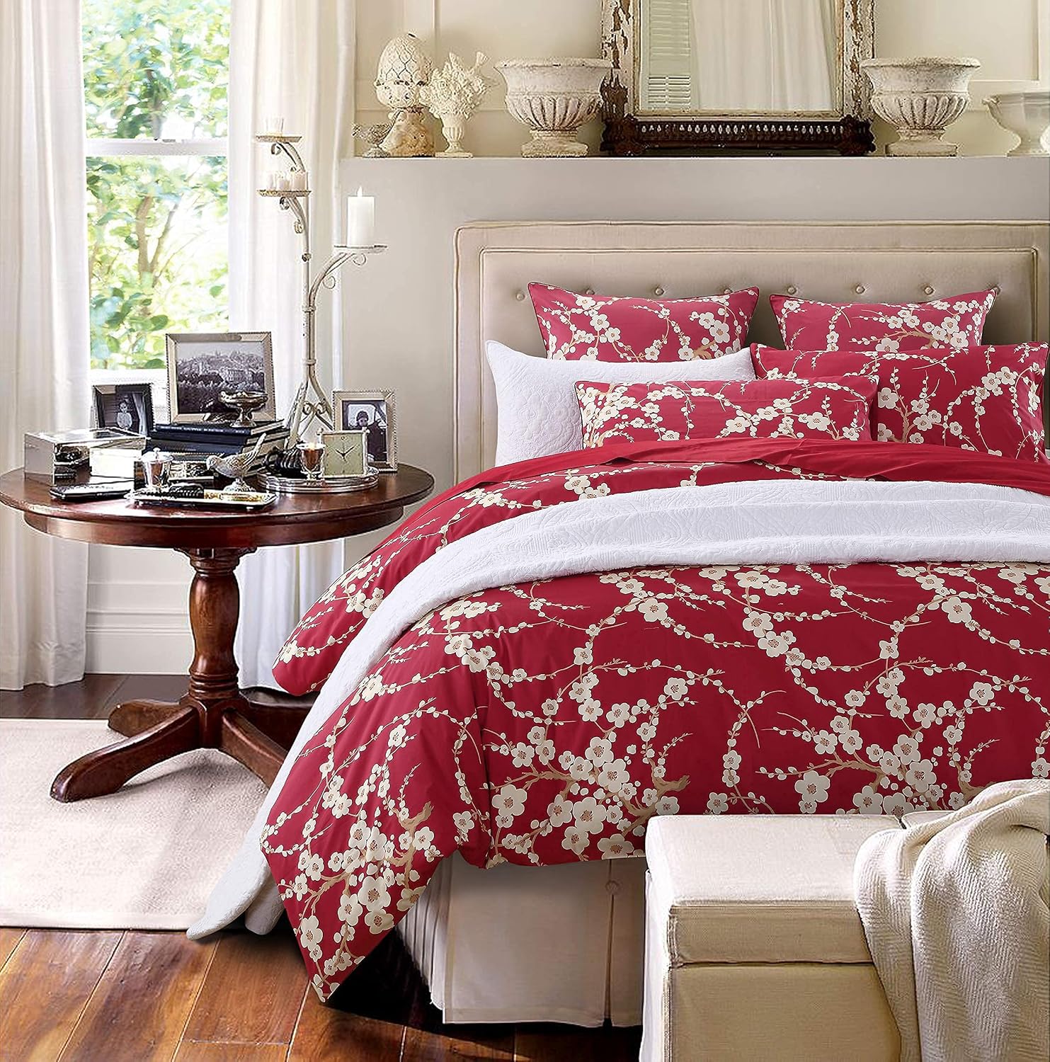 Brandream King Size Duvet Cover Set Japanese Oriental Style Cherry Floral Red Blossom Flower Branches Print Chinoiserie Bedding Pillowcases Set 800TC Egyptian Cotton Sateen Botanical Tree 3 Piece