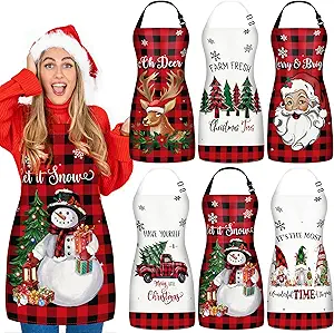 THAWAY 6Pcs Christmas Aprons Christmas Kitchen Aprons with Adjustable Neck Strap Red Black Buffalo Plaid Christmas Cooking Aprons Snowman Santa Claus Gnome Funny Holiday Aprons for Women Men