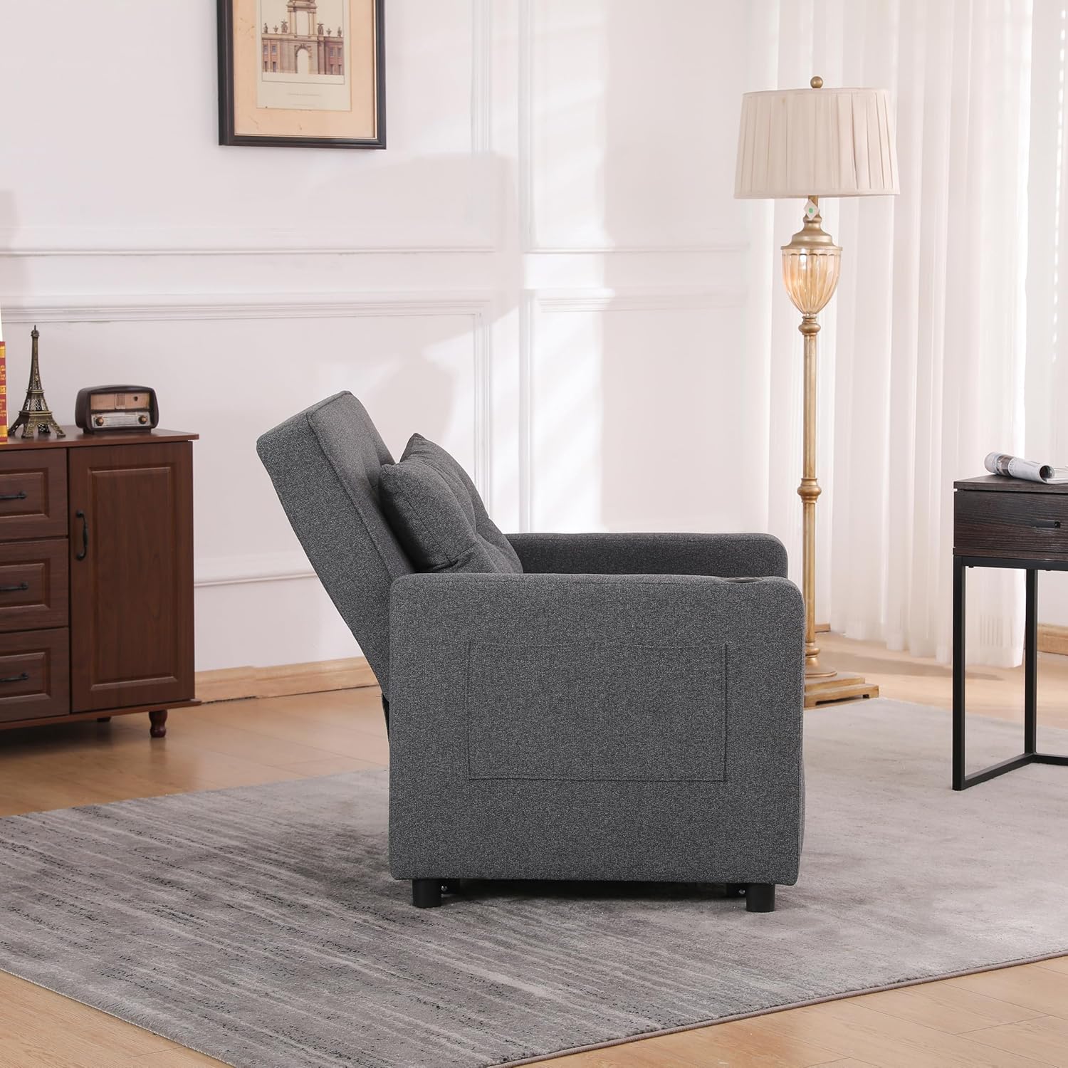 Ball & Cast 3 in 1 Sleeper Sofa Bed,Convertible Pull Out Couch with USB Ports and Side Pocket,Single Sofa Chair W/Adjustable Backrest,Futon Chaise Lounge for Living Room,Apartment,Antique Grey,31"