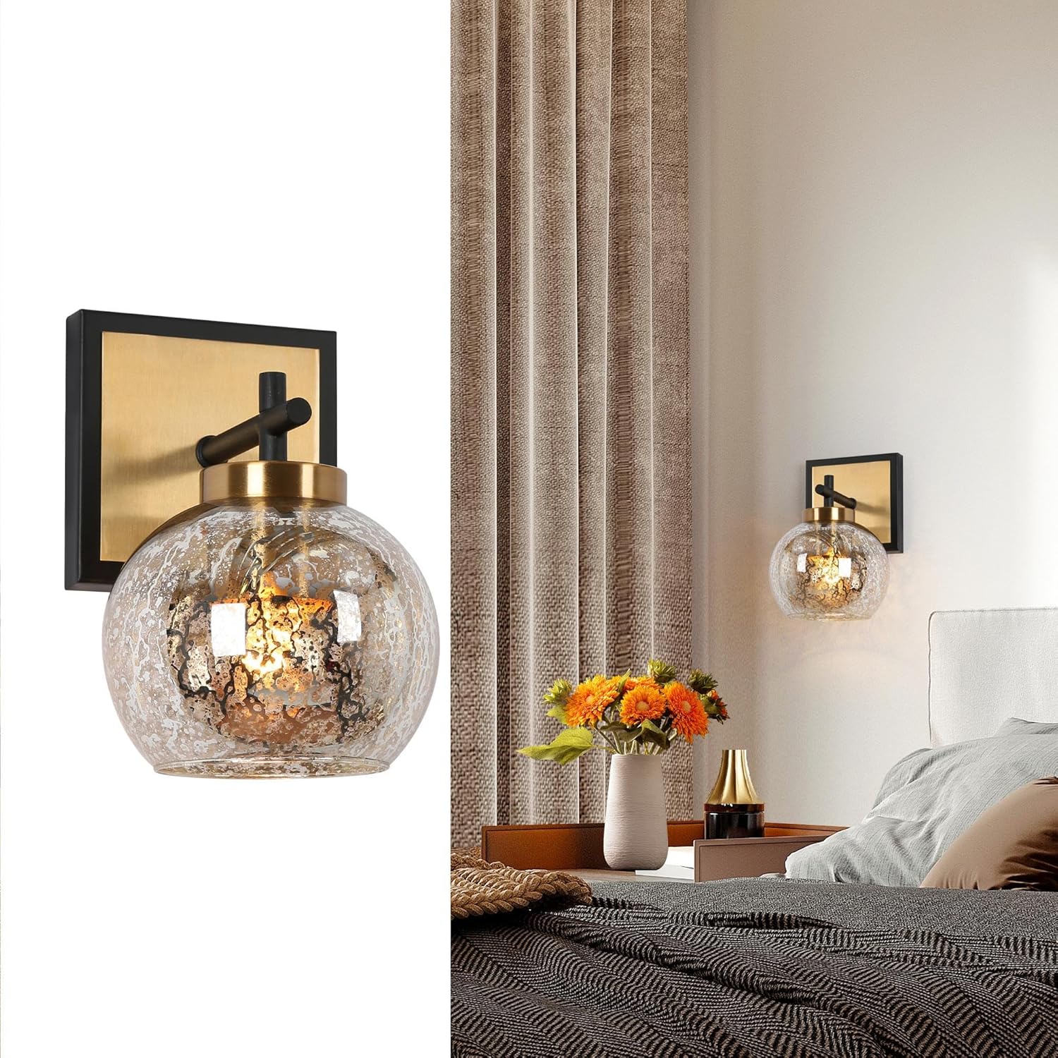 classy leaves Black Gold Wall Sconces, Modern 1-Light Wall Lights for Bedroom, Bathroom, Living Room, Mid-Century Modern Bathroom Sconces Wall Lighting with Mercury Glass Globe