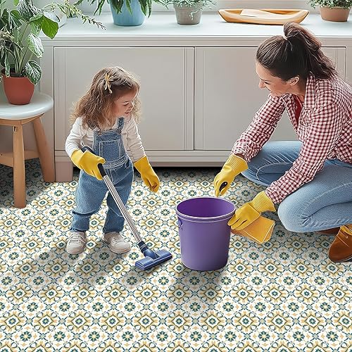 Miniatura 6 de 10 azulejos de suelo retro de 12 x 12 pulgadas, color amarillo y verde azulado con flores repetitivas, despegar y pegar, autoadhesivas,