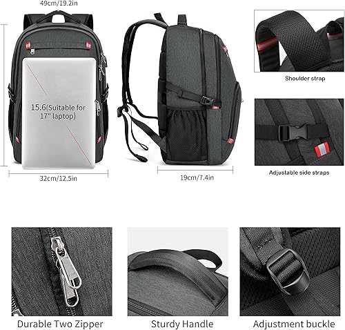 Miniatura 4 de Mochila, mochila grande impermeable para laptop de 17 pulgadas para viajes, escuela, trabajo, mochila para computadora con puerto de carga USB,