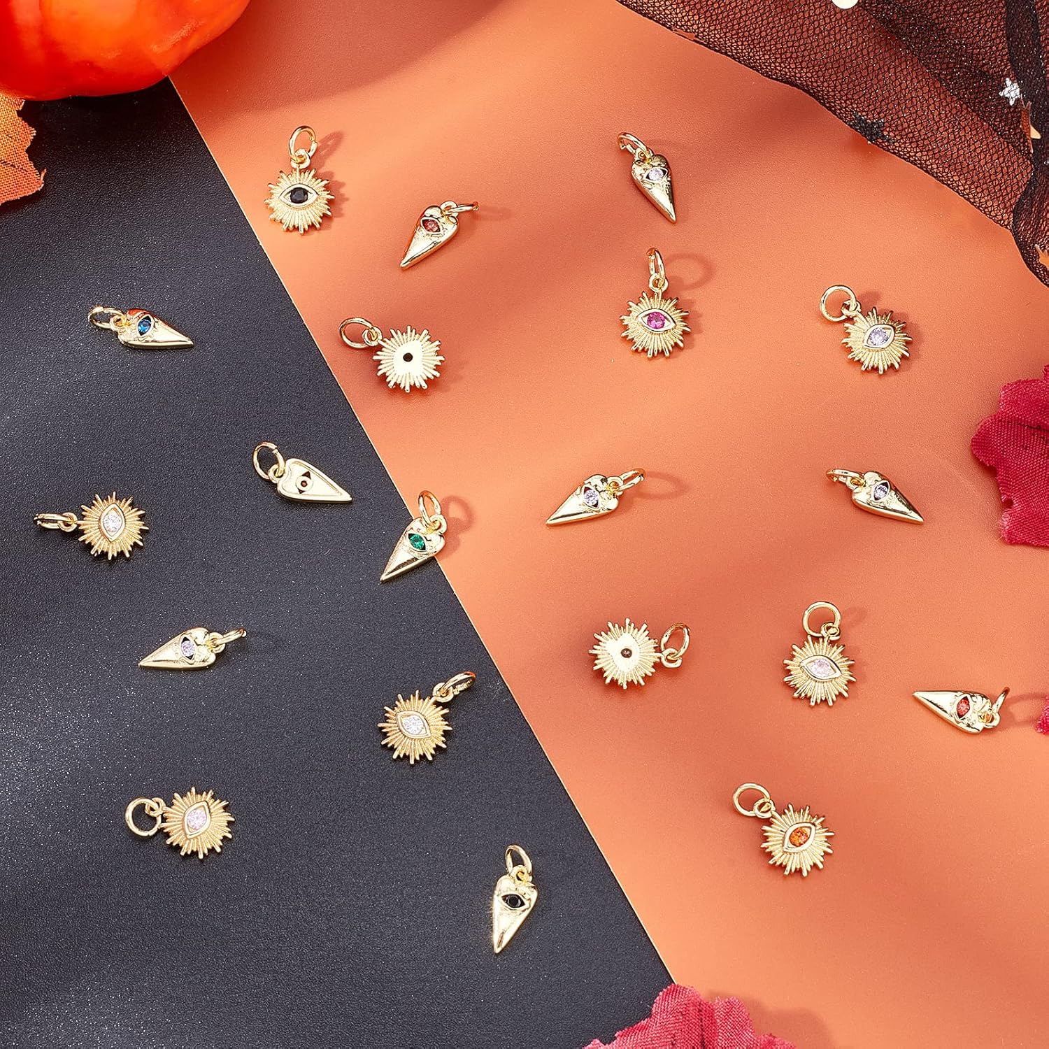 PH PandaHall 18K Gold Plated Evil Eye Charm, 20pcs 2 Styles Heart/Sun Cubic Zirconia Evil Eye Pendants Halloween Charms with Jump Ring for DIY Dangle Bracelet Earring Jewelry DIY Craft, Golden - Image 3