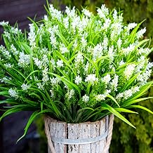 AXYLEX Artificial Lavender Flowers Outdoor, 20 Bundles Fake Plants White | UV resistant faux white lavender & monkey grass, no fade garden, patio, porch, window box decor