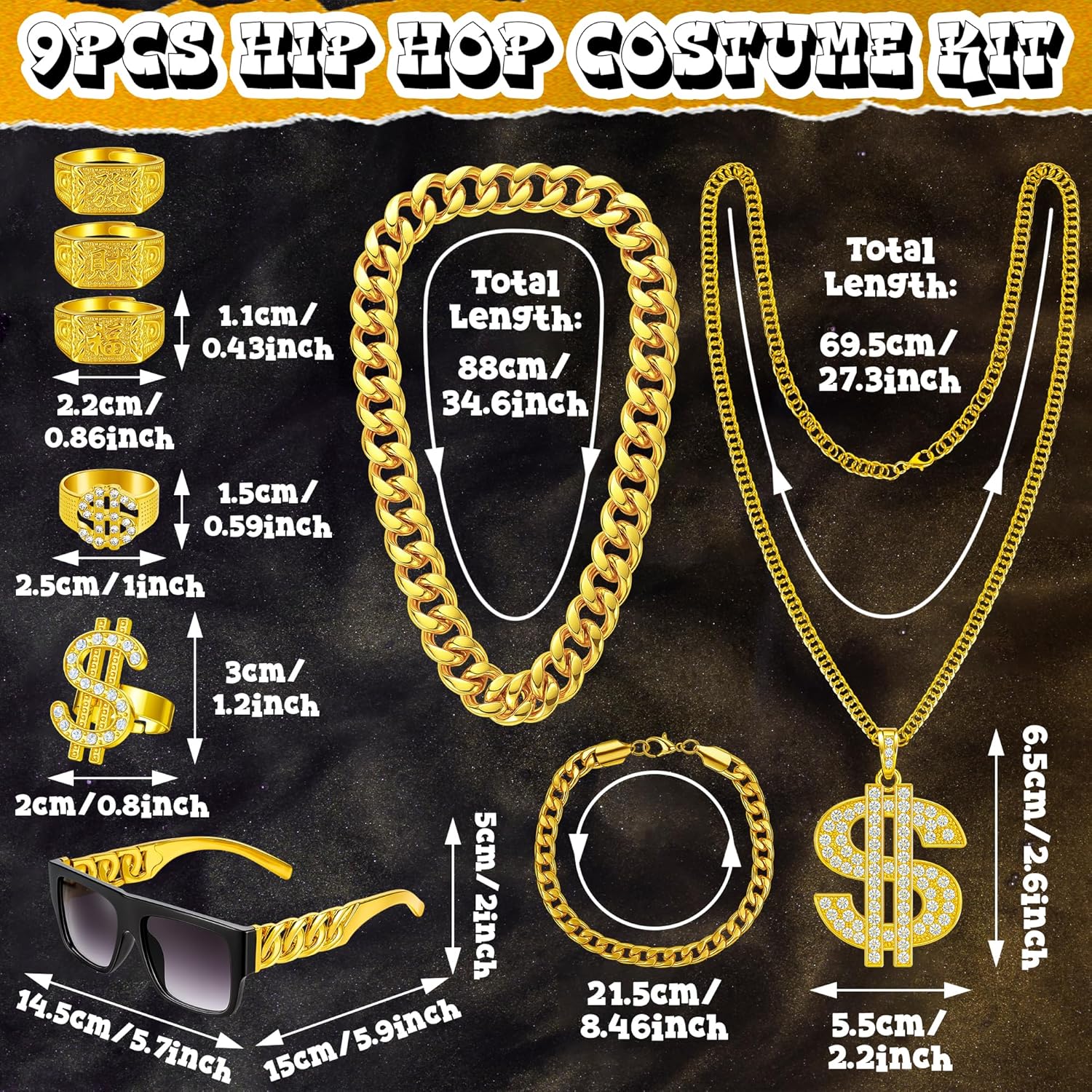 QZYL 80s 90s Accessories Outfit Accessories Hip Hop Costume Kit Faux Gold Rope Chain Bracelet Dollar Sign Chain - Image 2