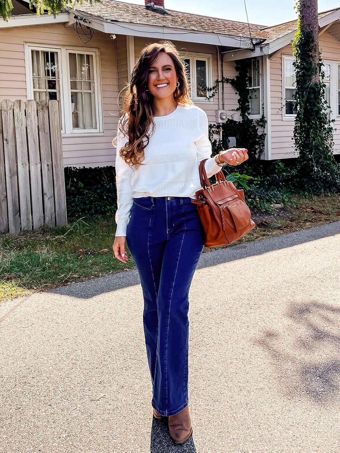 Arach&Cloz Womens Fall Sweaters 2024 Crochet Crew Neck Long Sleeve Knit Tops Pullover Fashion Clothes Outfits - Image 4