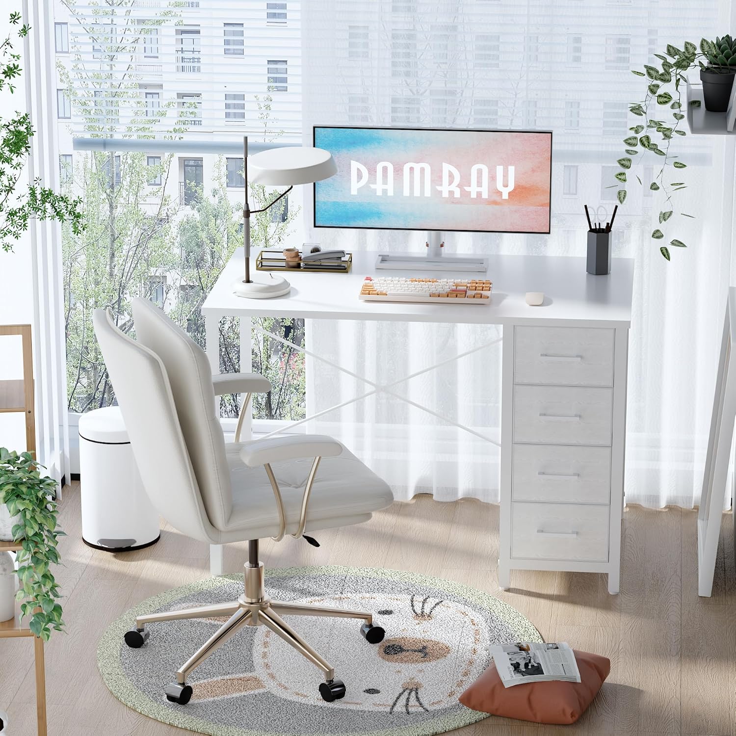 pamray 32 inch computer desk with 4 drawers small office desk for home bedroom study writing simple modern computer table white white 32 inch