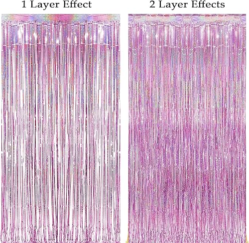 Miniatura 6 de Paquete de 4 telón de fondo de fiesta de oropel rosa de 12.8 x 8.2 pies, cortina de flecos metálicos con brillantina, cortina de telón de fondo