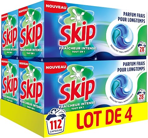 Skip Lessive Caps Tout en 1 Fraîcheur Intense - Élimine les Taches Tenaces Dès le 1er Lavage Même En Cycle Court et à Froid - Capsules Lessive Efficaces - 112 Lavages (4x28)