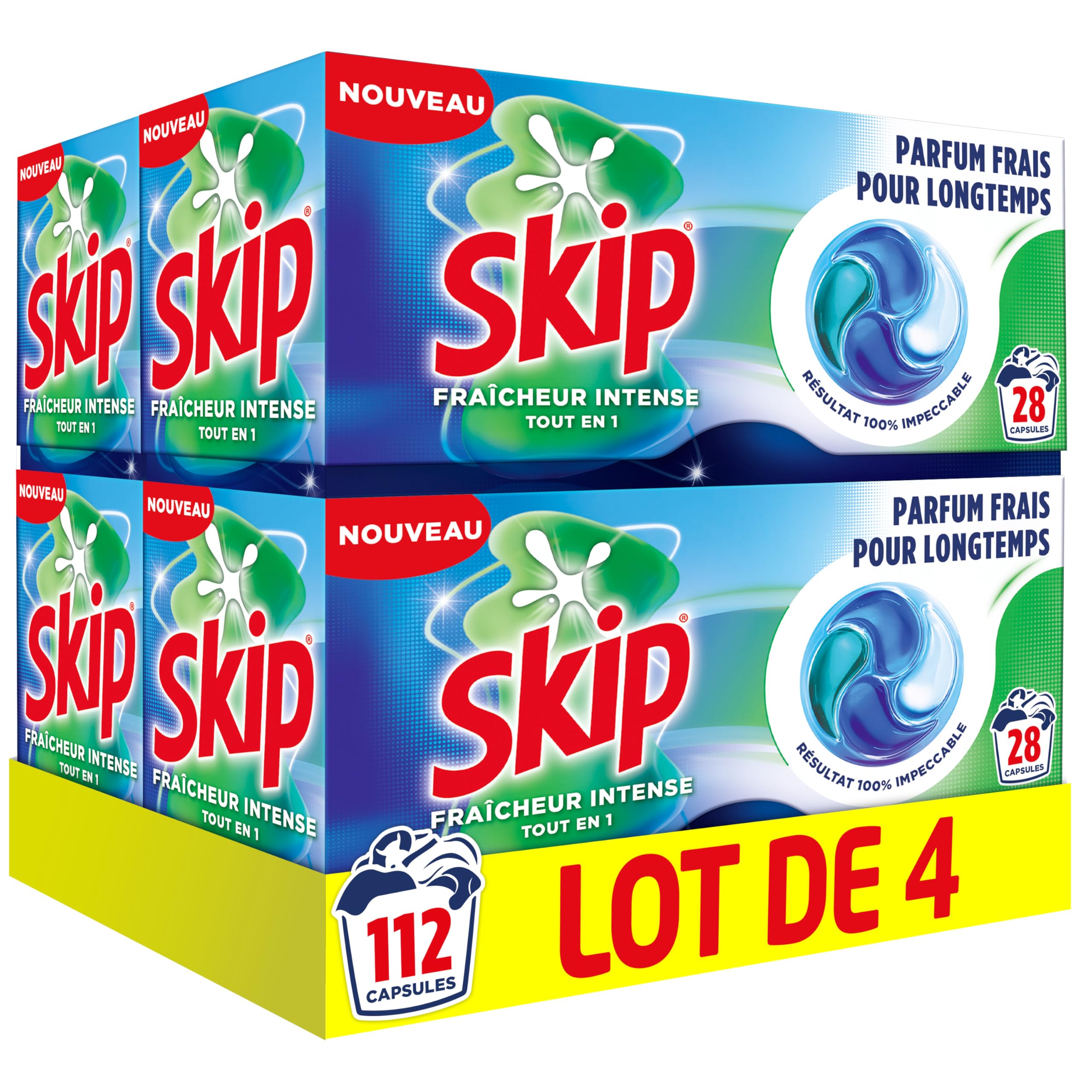 Skip - Capsules Lessive, Tout en 1, Fraîcheur Intense, 4x28 Lavages | Élimine les taches dès le premier lavage, efficace en cycle court et à froid, parfum longue durée, 112 capsules