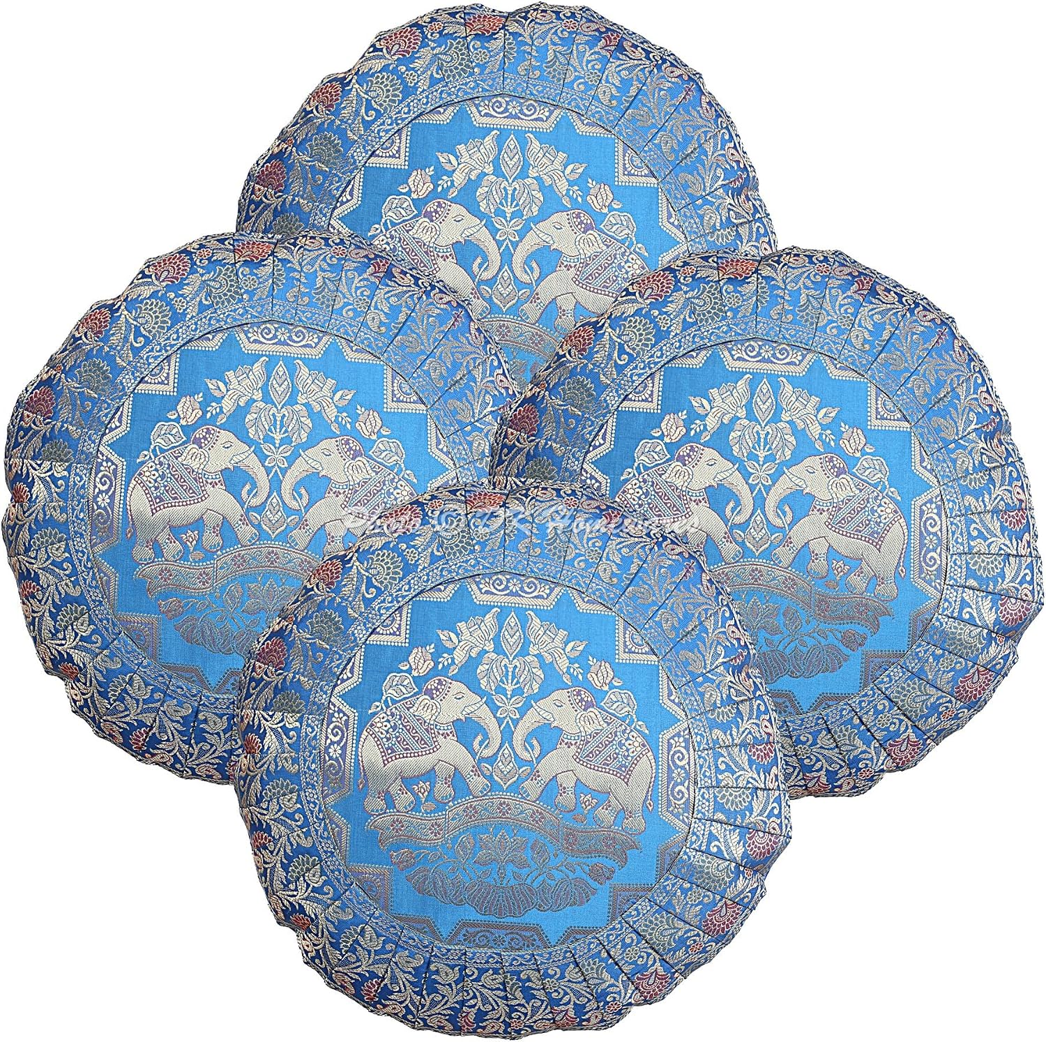 Indian Throw Cushion Covers 17x17 Inch Brocade Jacquard Weave Ethnic Round Elephant Cushion Covers (Size - 43x43 cm ; Color: Turquoise & Gold) - Set of 4 Pcs (Cover Only)