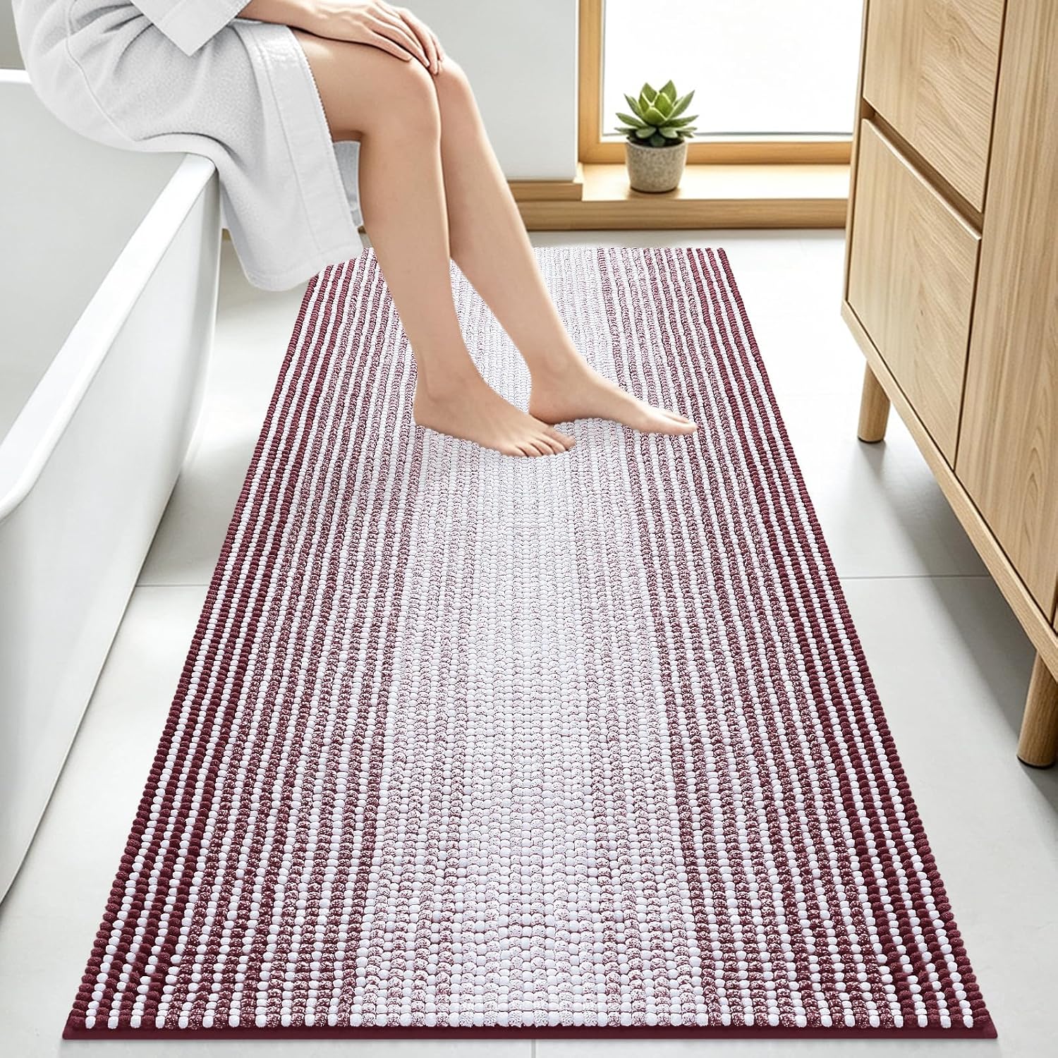Smiry Chenille Bathroom Rugs 30x20, Extra Soft Striped Bath Mat, Grey