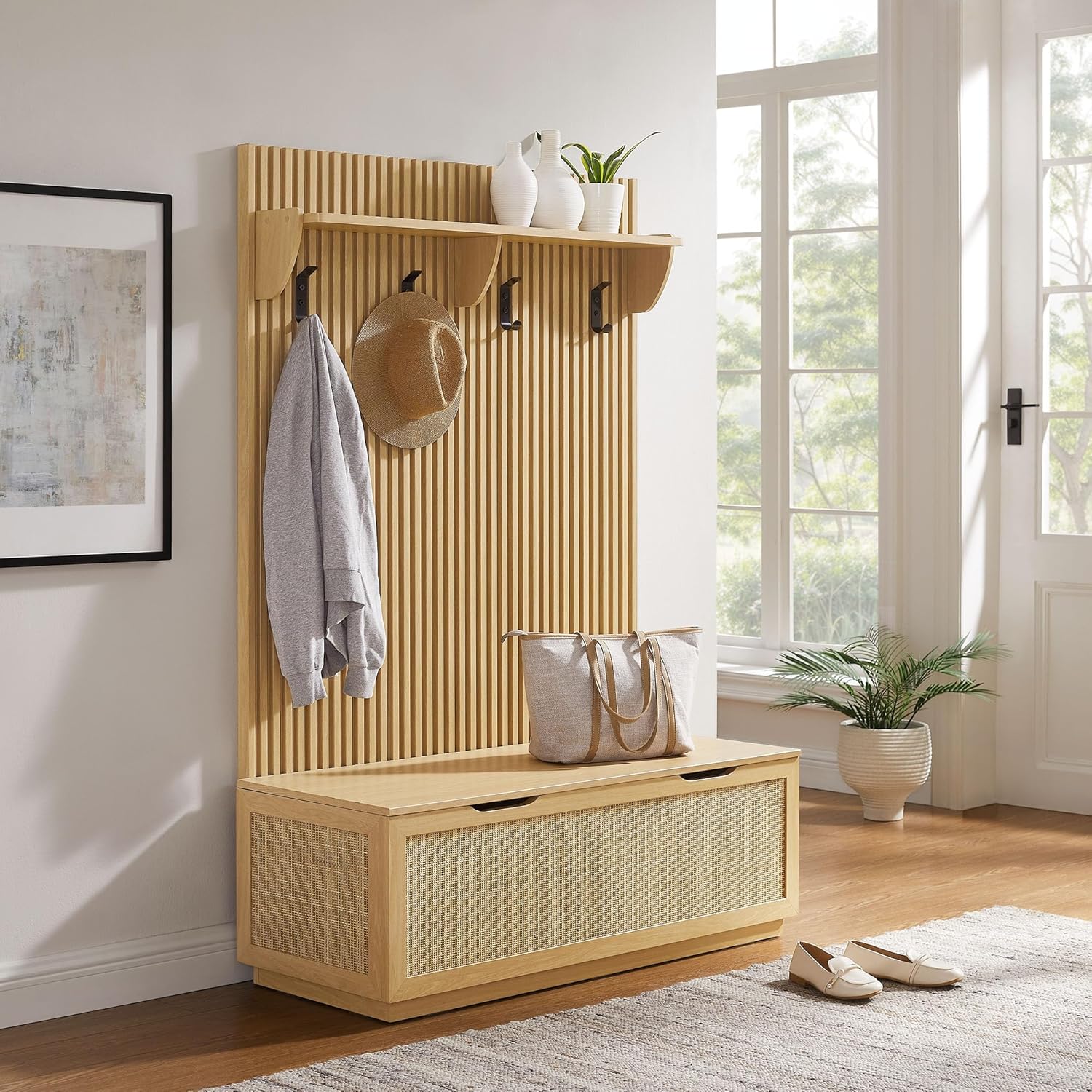 Modway Soma 3-in-1 Hall Tree in Light Oak with Rattan Storage Bench and Fluted Coat Rack – 2-Piece Entryway Storage Set with Hooks, Shelf, and Bench