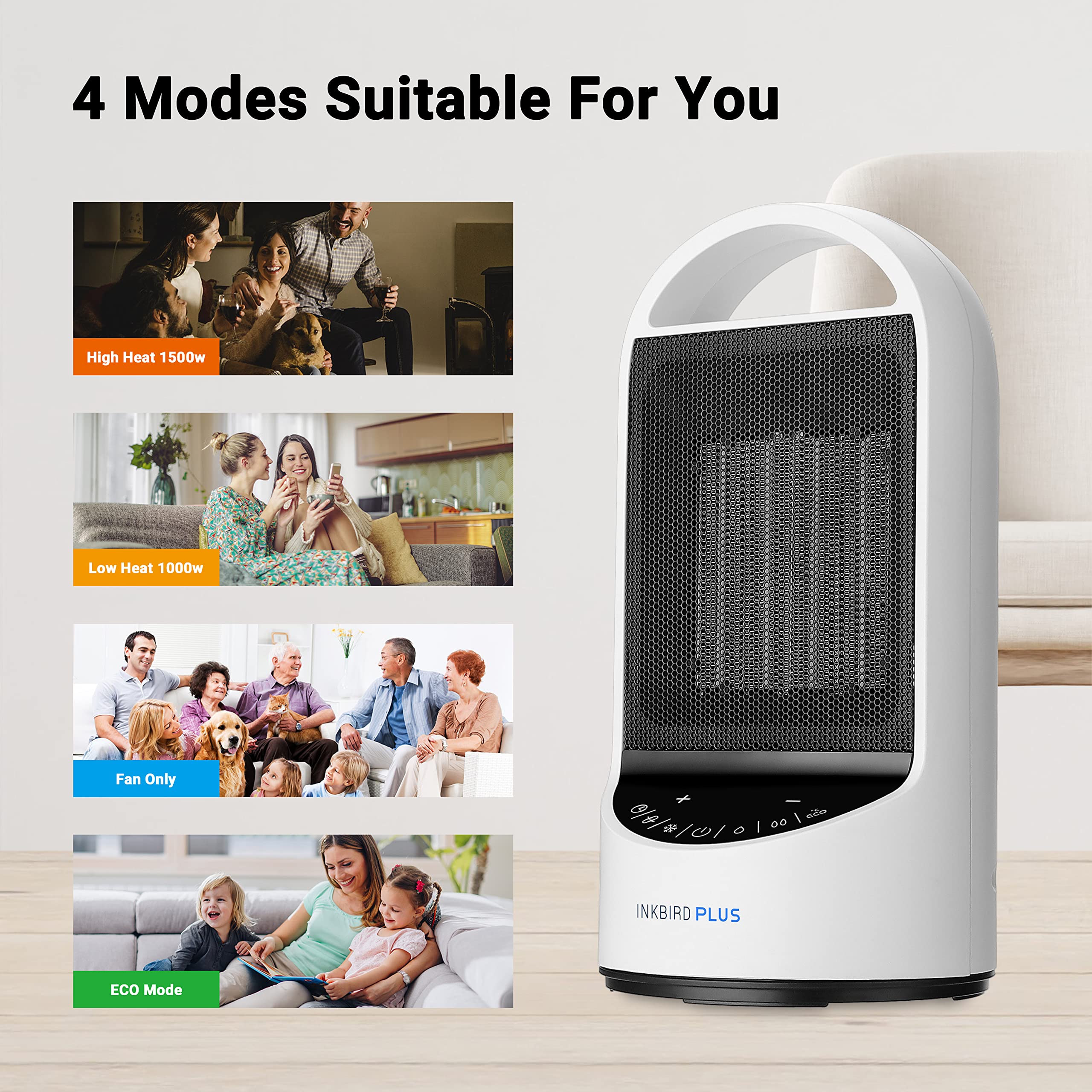Calentadores eléctricos de 1500 W para uso en interiores con temporizador remoto y 3 modos, protección contra sobrecalentamiento y vuelco para oficina, dormitorio, calentador de espacio 6