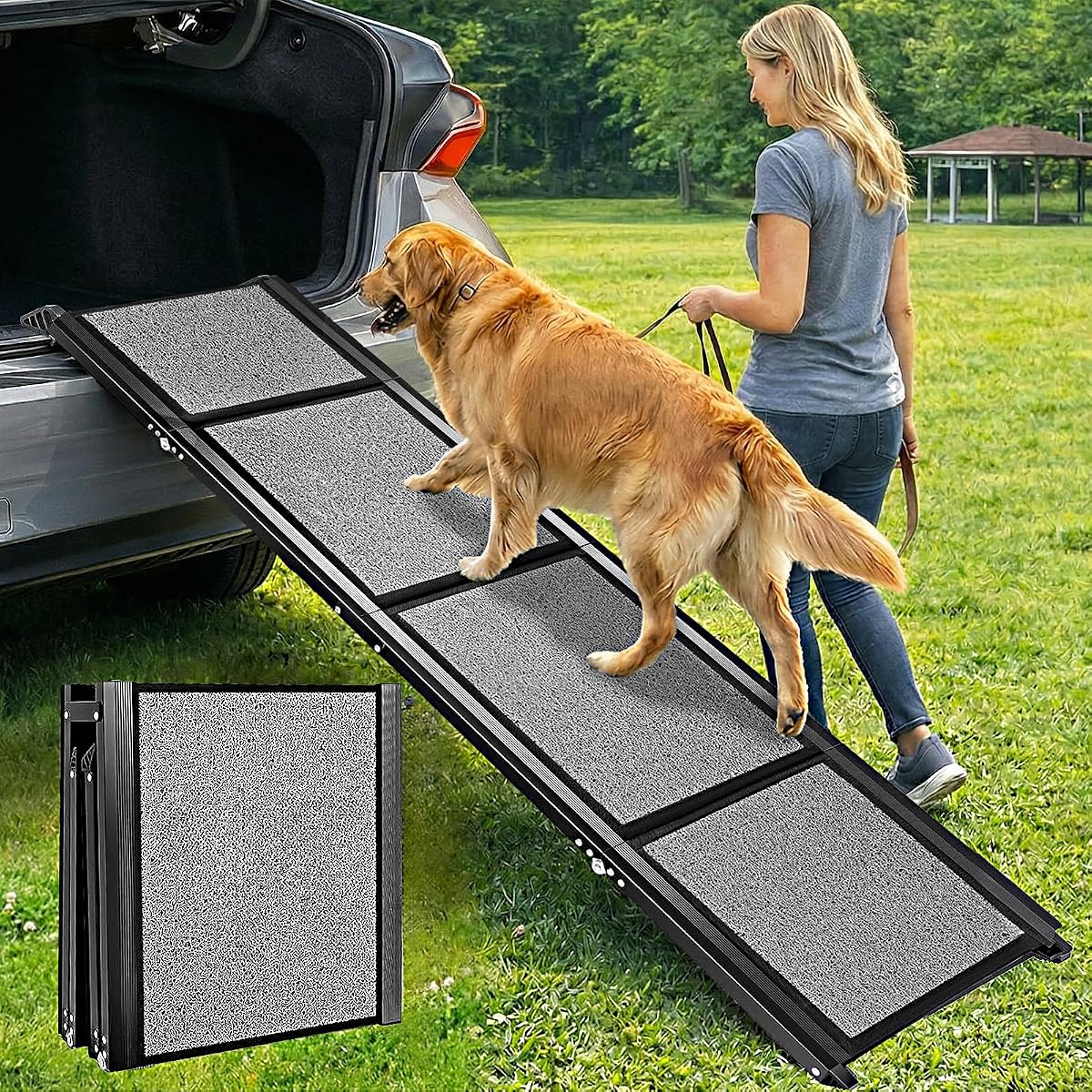 Rampa para perros para autos, 71 pulgadas de largo x 20 pulgadas de ancho, SUV y camiones, superficie antideslizante, rampas de aluminio para mascotas para perros pequeños y grandes, rampa portátil ligera, plegable y resistente para perros mayores, sofá de cama alta al aire libre, 250 libras