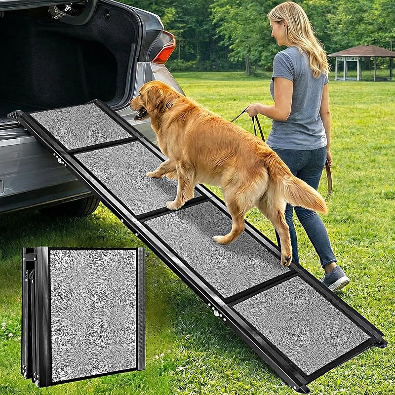Rampa para perros para autos, 71 pulgadas de largo x 20 pulgadas de ancho, SUV y camiones, superficie antideslizante, rampas de aluminio para mascotas para perros pequeños y grandes, rampa portátil ligera, plegable y resistente para perros mayores, sofá de cama alta al aire libre, 250 libras