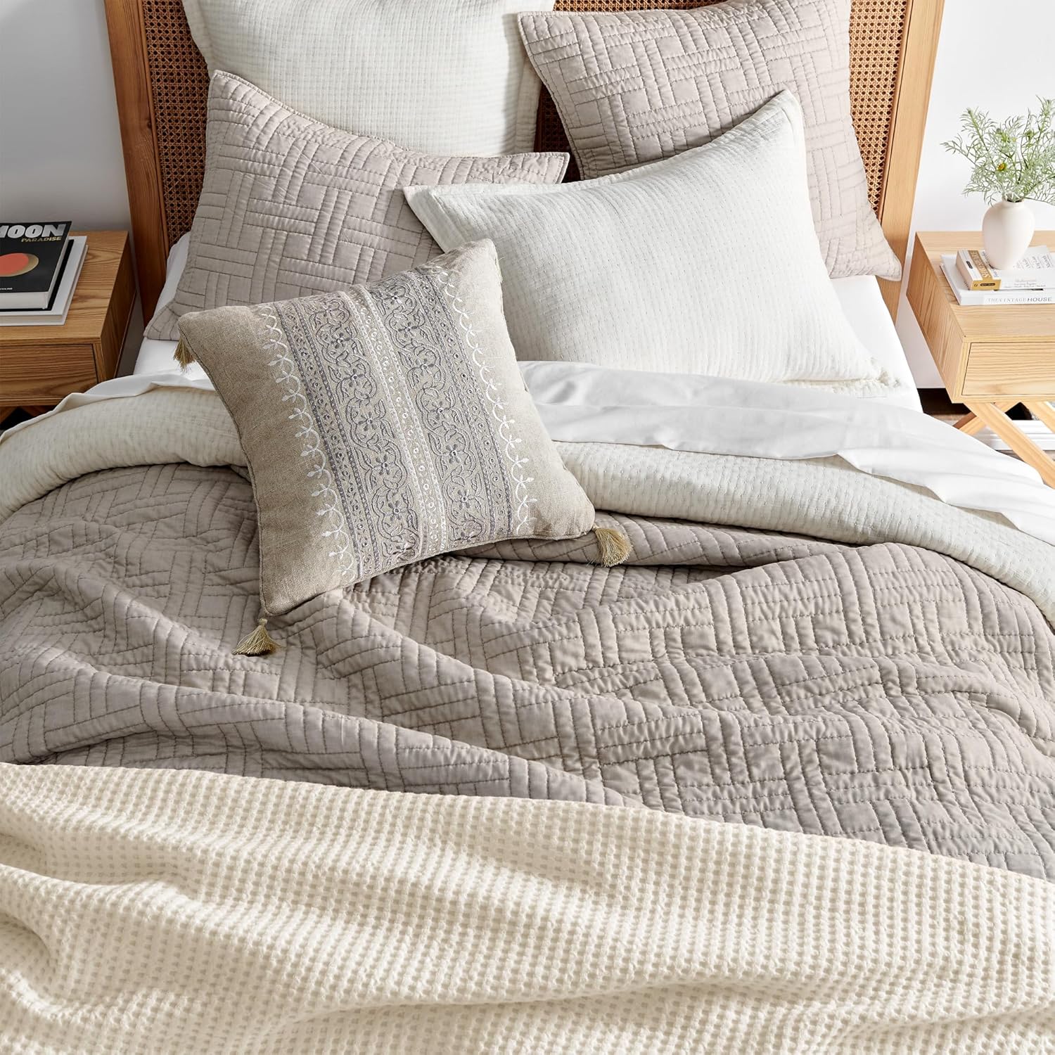 Levtex Home - Melange Stitch Quilt Set - Full/Queen Quilt and Two Standard Shams - Solid Stitched - Natural - Quilt (88x92in.) and Shams (20x26in.) - Reversible - Polycotton Blend - Image 5