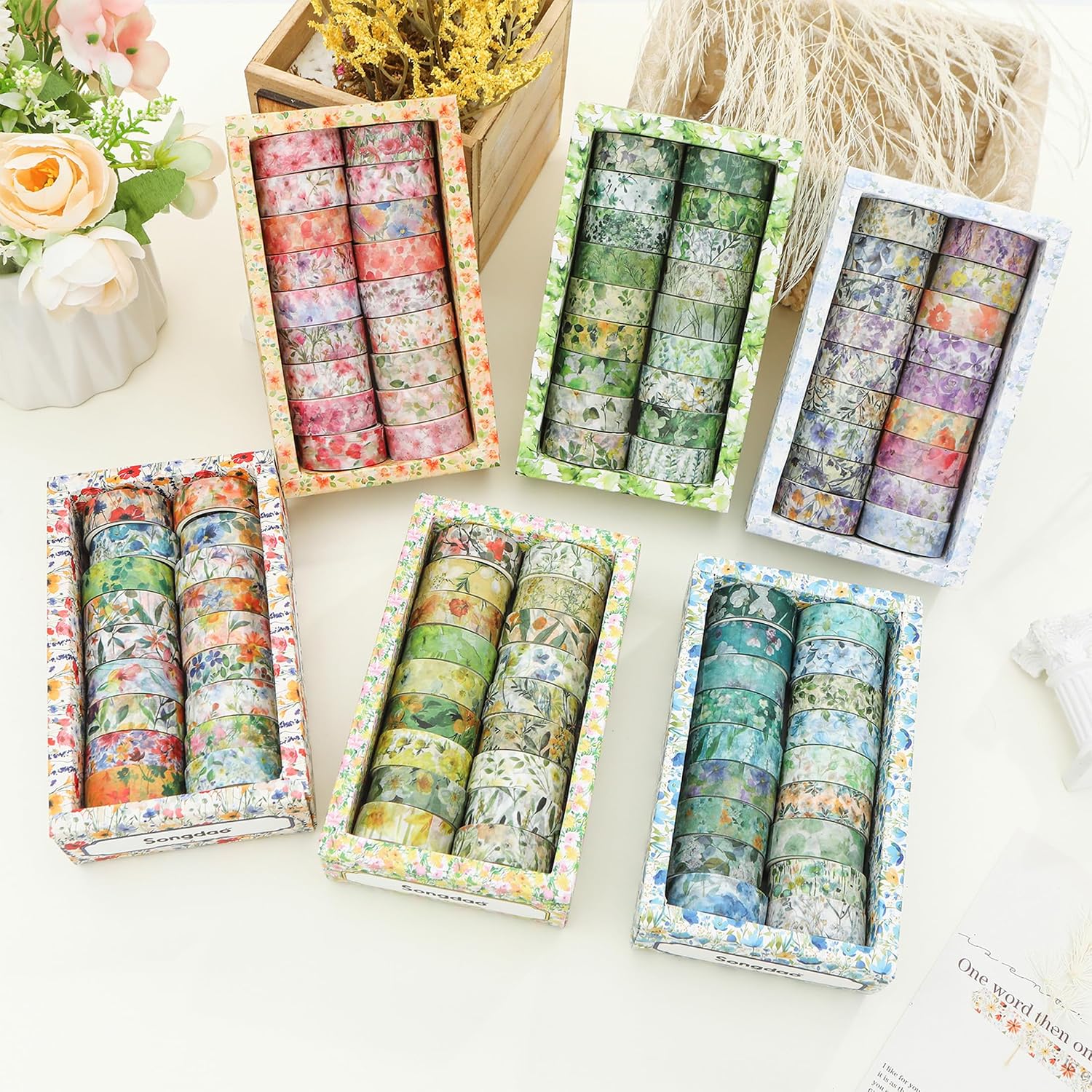 18 Rolls Blossom Washi Tape Set Floral Arts Adhesive Tapes Flowers Garden Decorative Masking Tape Sets for Craft, Kids, Scrapbook, DIY, Gift Wrapping (Emerald Vines)