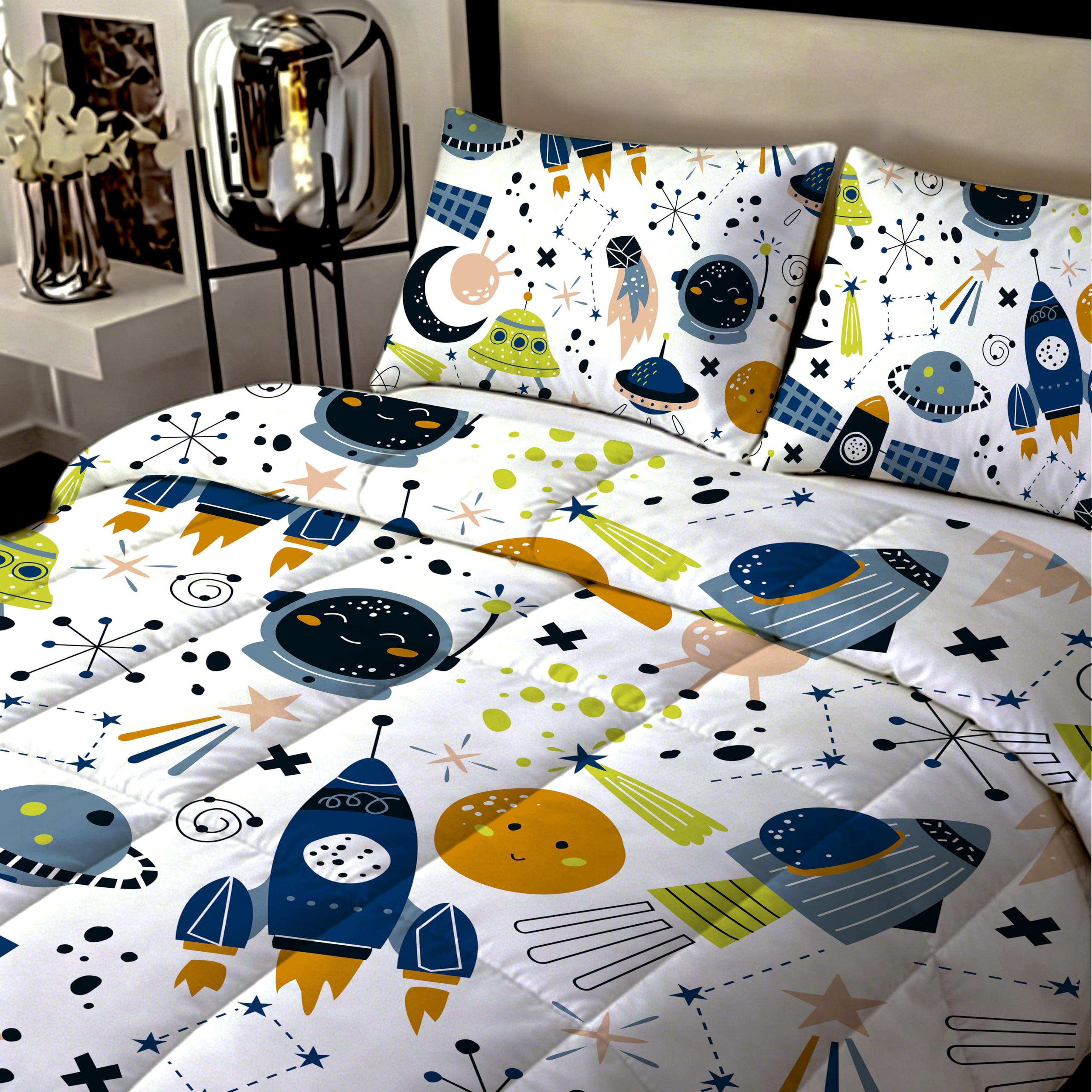 Weltraum Vierjahreszeiten Steppdecke 140x200,Bettdecke 4 Warme Jahreszeiten, Universum Planet Rakete Bettdecke ohne Bezug Waschbar Schlafdecke mit 2 Kissenbezug 80x80cm (HJ-A, 140x200cm+80 * 80 * 2)