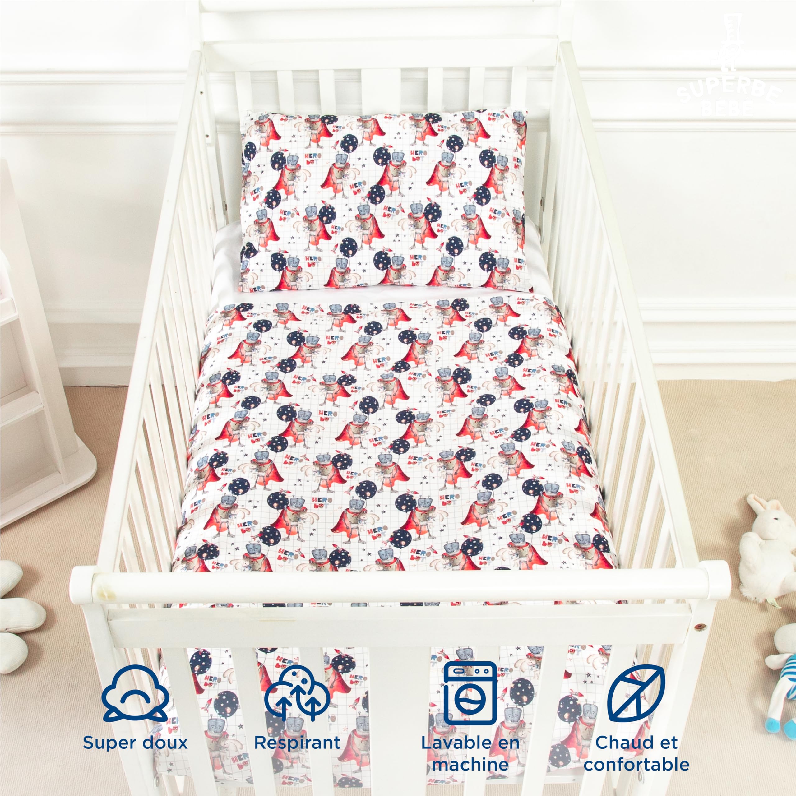 Parure De Lit Enfant SUPERBE BEBE - Housse Couette 100x135cm + Taie 40x60cm - Coton OEKO-TEX - 10 Coloris