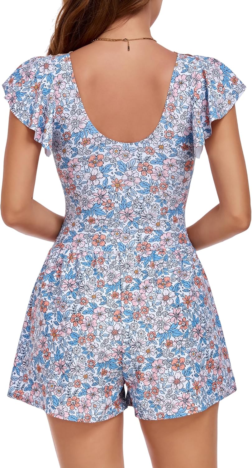 Smismivo Swim Romper Tummy Control Swismuit with Shorts Modest Boyleg Bathing Suit Ruffle Swim Suit Lace V Neck Swimwear - Image 2