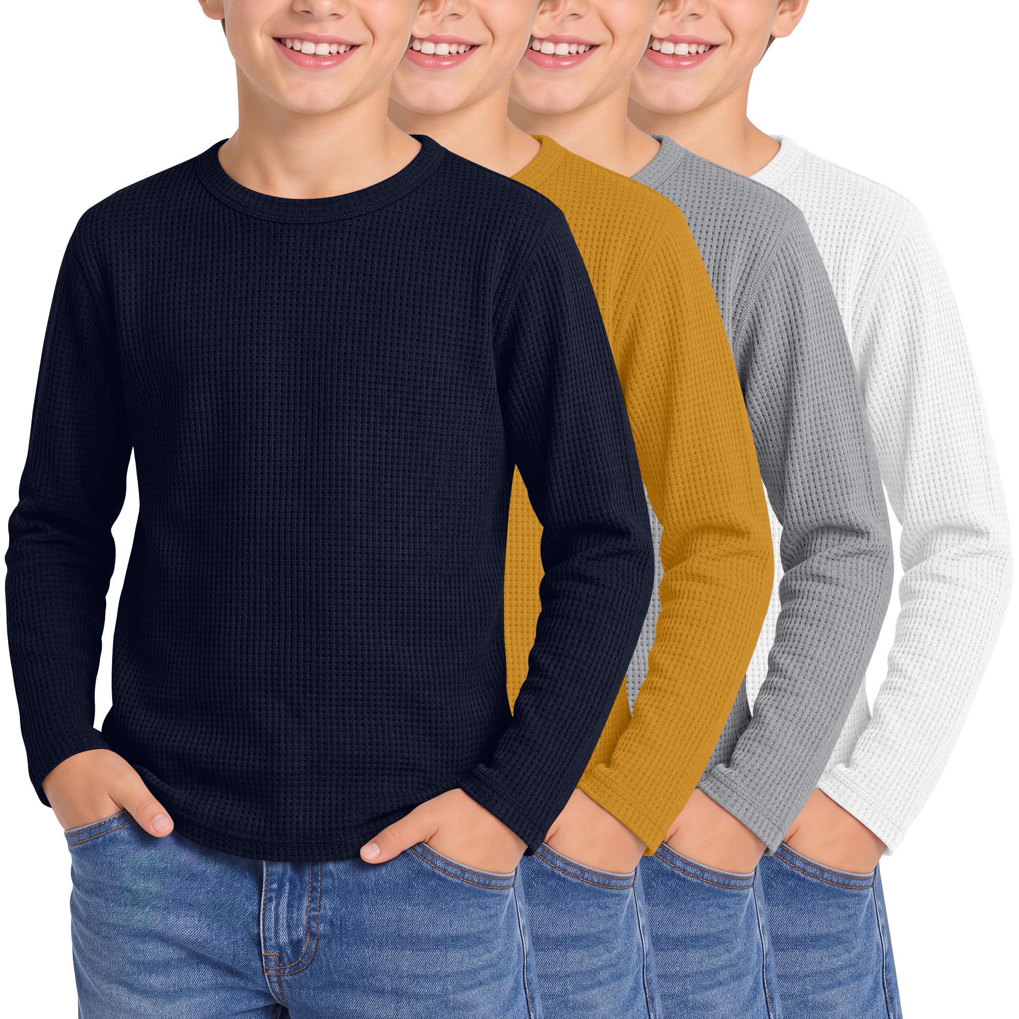 4 Pack Boys Long Sleeve Waffle Knit Thermal Shirts