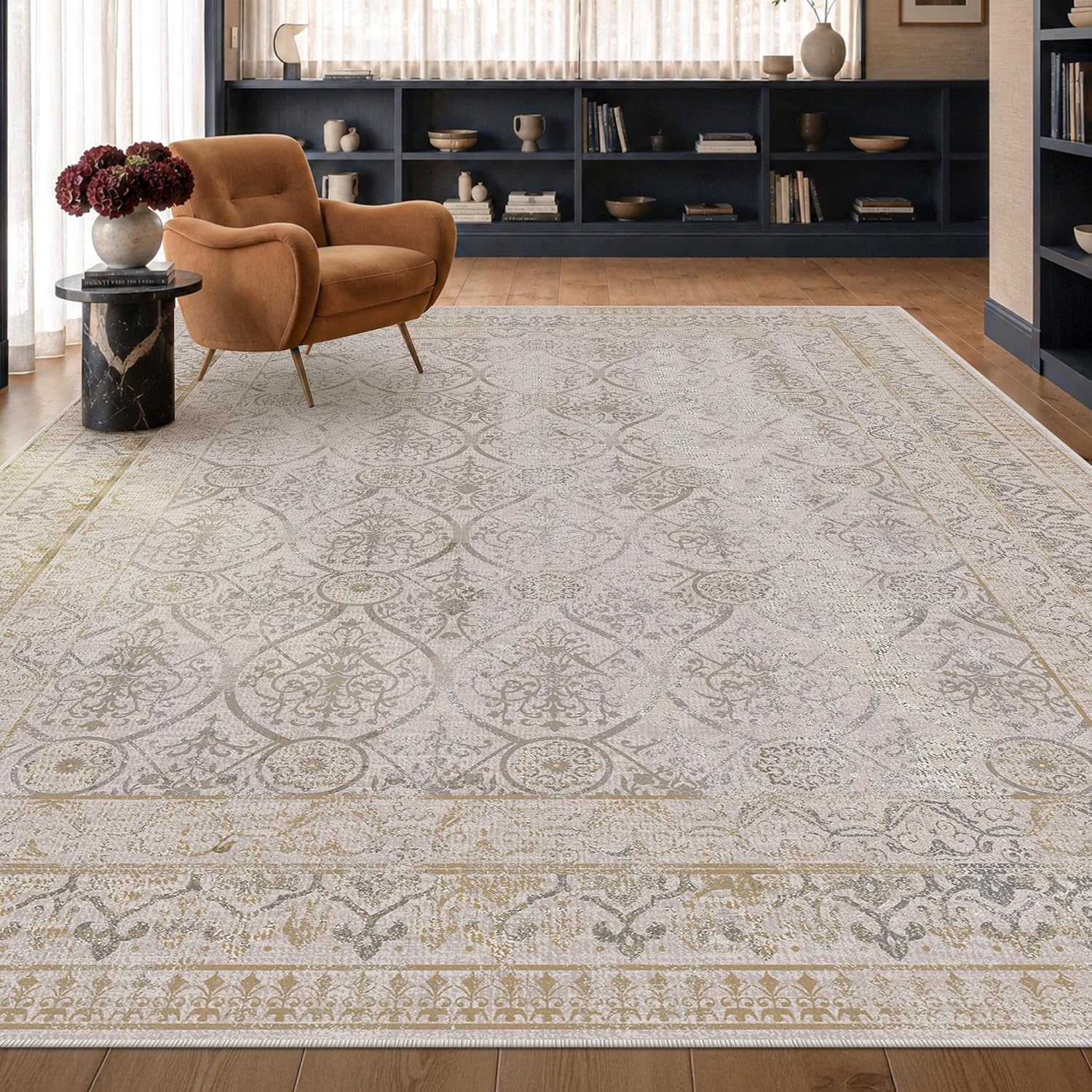 Ivory Vintage Washable 9x12 Area Rug for Living Room, Non-Slip Distressed Rug for Dining Room & Bedroom, Low Pile Stain Resistant Floor Carpet, Modern Farmhouse Décor