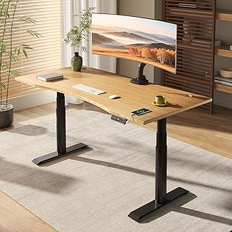 E6 Pro Oval Leg Dual Motor 3 Stages Bamboo Electric Standing Desk 55x28 Inch Whole-Piece Board Height Adjustable Electric Sit Stand Up Desk (Black Frame + Bamboo Curved Desktop)