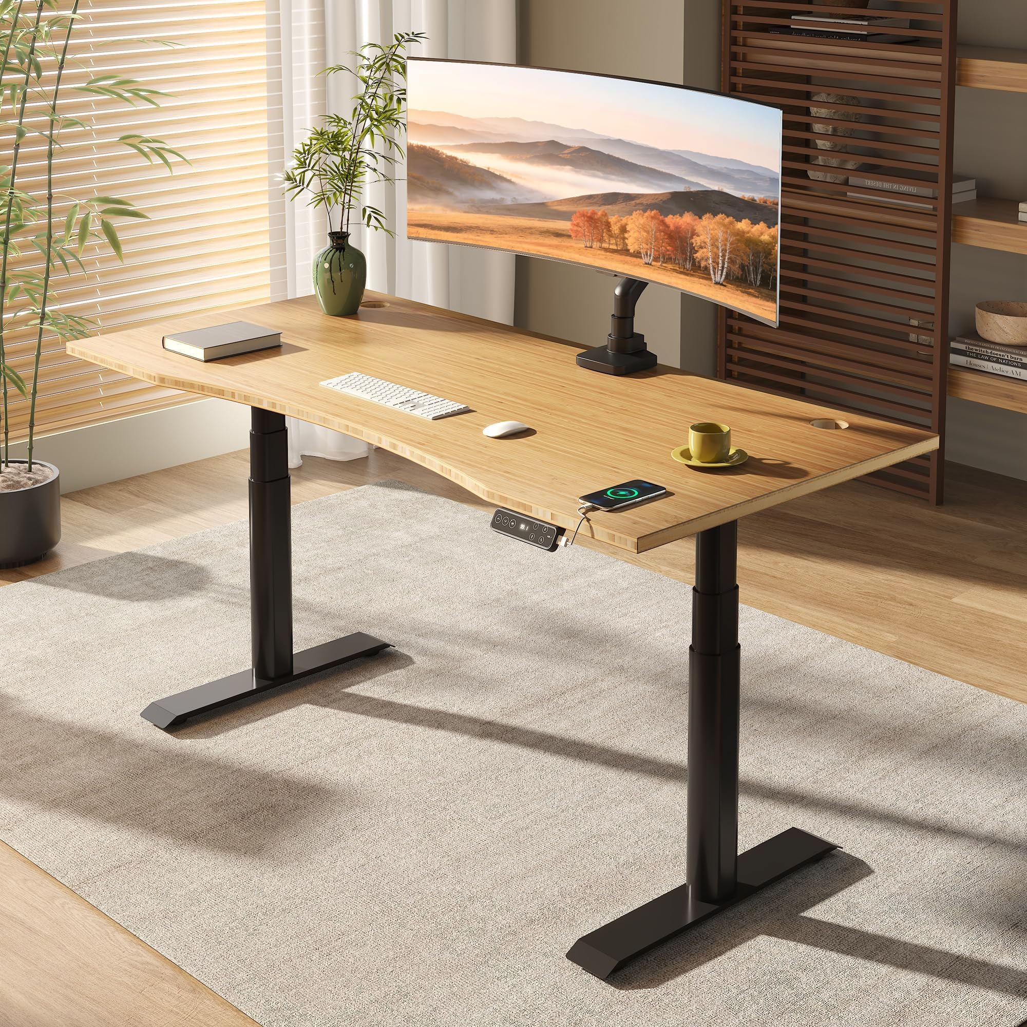 E6 Pro Oval Leg Dual Motor 3 Stages Bamboo Electric Standing Desk 55x28 Inch Whole-Piece Board Height Adjustable Electric Sit Stand Up Desk (Black Frame + Bamboo Curved Desktop)