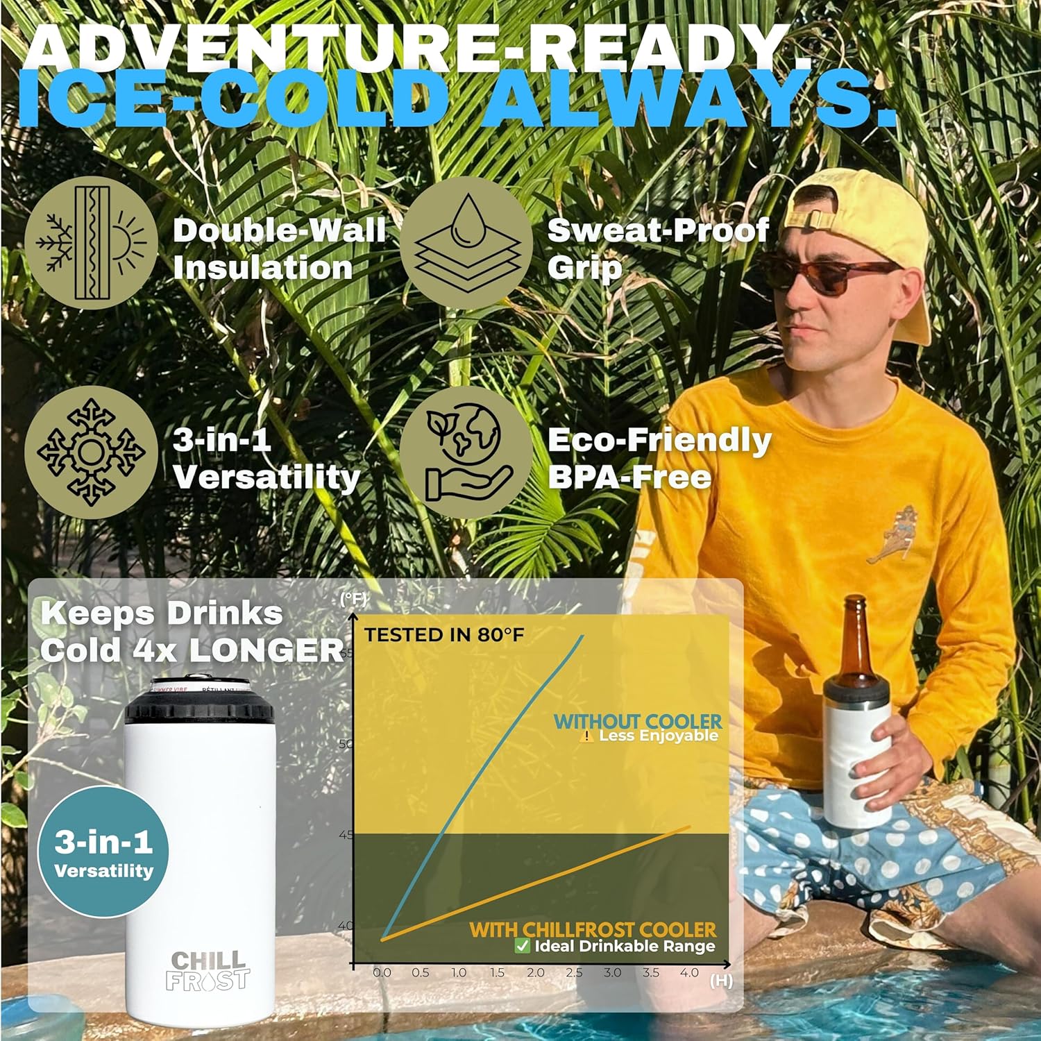 ChillFrost Can Cooler Insulated for 12 oz Cans, Beer Bottles, Soda Cans - Premium Stainless Steel 3-in-1 16oz Tumbler, White Powder-Coated Matte Finish, BPA-Free, Leak-Proof Lid, Outdoor Picnic Beach - Image 2