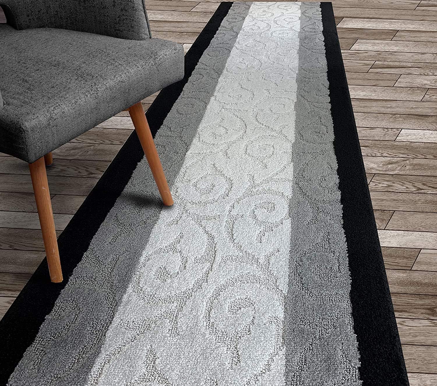 Custom Size Hallway Carpet Runner Rug, Slip Resistant, 31 Inch Wide X Your Choice of Length, Scroll Black, 31 Inch X 6 feet