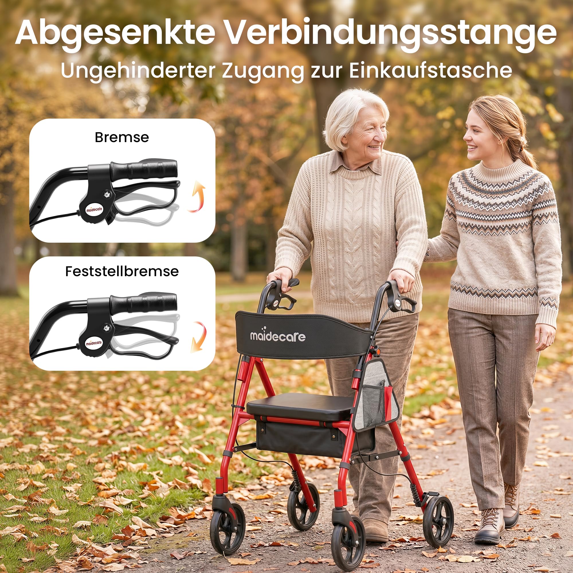 Rollator Faltbar und Leicht mit Sitz, Rollator Schmal für Wohnung, Rollatoren für Senioren mit Höhenverstellbar Sitz und Griff, Indoor Walker, mit Bremse, Korb, Rot