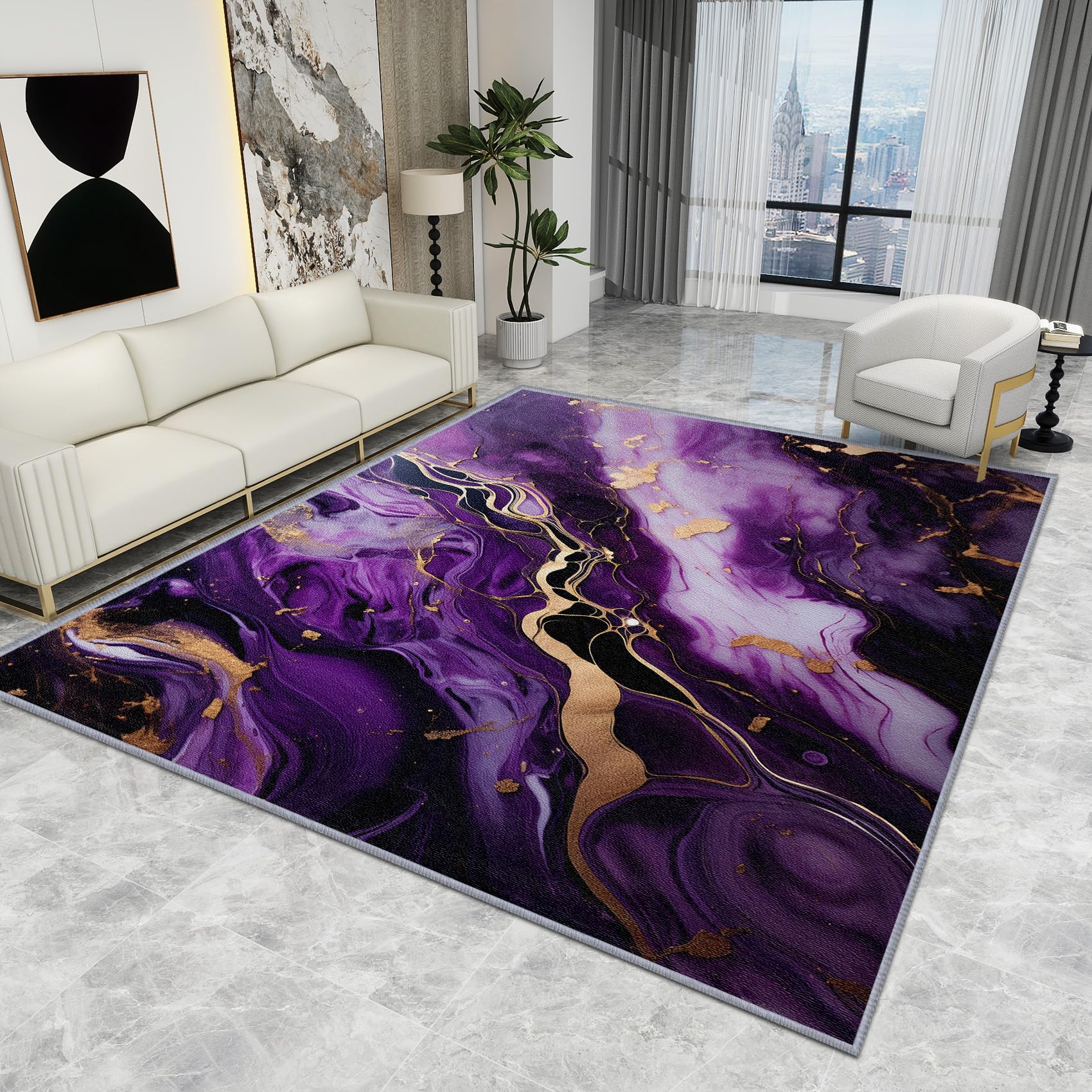 Purple Gold White Marble Rug - Abstract Modern Luxury Carpet, Washable Non Slip Low Pile Soft Large Area Rug, 160 X 230 cm