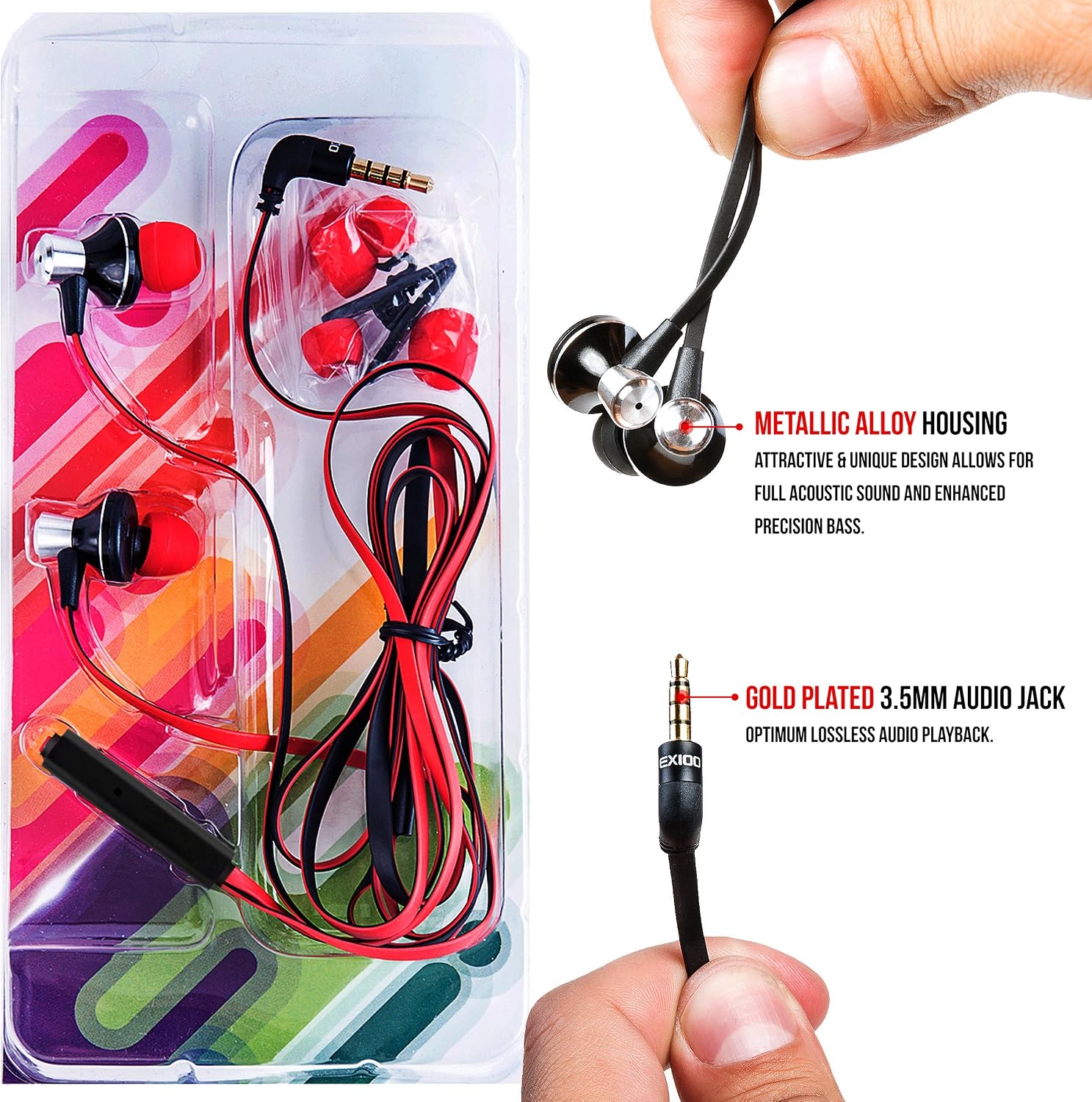 Earbuds, Alpatronix EX100 Universal 1-Button High Performance Stereo In-Ear Headset with Built-in Mic, Tangle-Free Noise Isolating Earphones for Smartphones, Computers, Tablets & Laptops - (Red/Black)