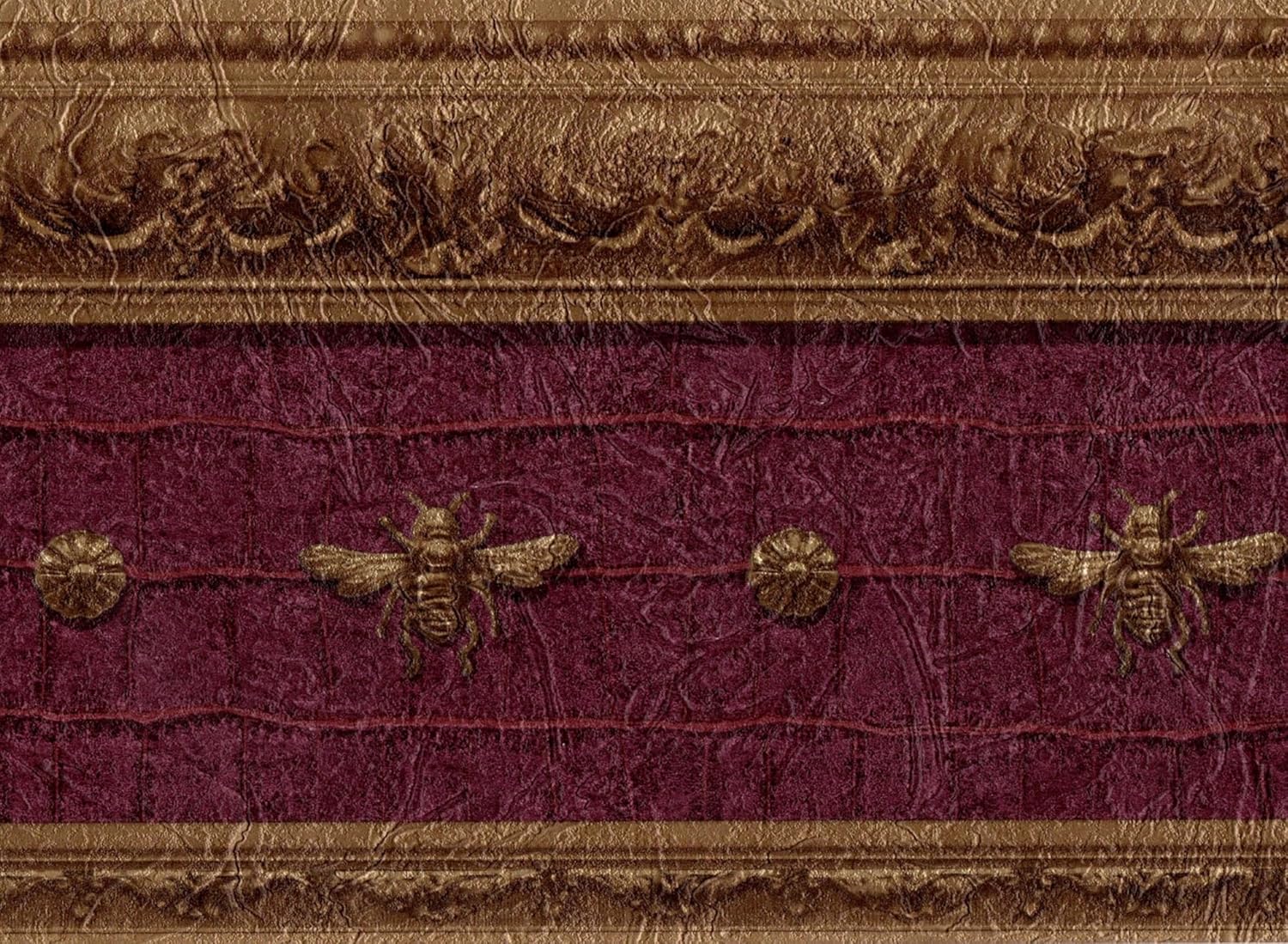 TRIMZ Victorian Napoleonic Bee Wallpaper Border, Gold Medallion on Burgundy Leather Look with Brown Accents, Vintage Style, Dining Room Wall Décor, Pre-Pasted, 15 ft x 6.9 in
