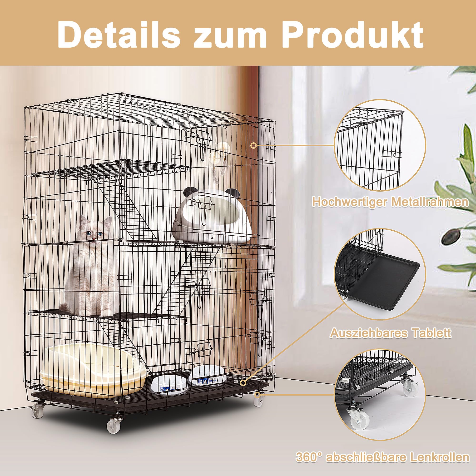 Jaula grande para gatos con 4 niveles, plegable con 360 ruedas giratorias, rampa de escalera, balcón, interior, exterior, jaula de metal para 1-3 gatos, 90 x 55 x 125 cm