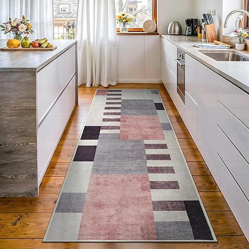 Bloom Rugs Alfombra de pasillo lavable antideslizante de 12 pies color marfil y beige moderna geométrica para entrada pasillo baño y cocina tamaño