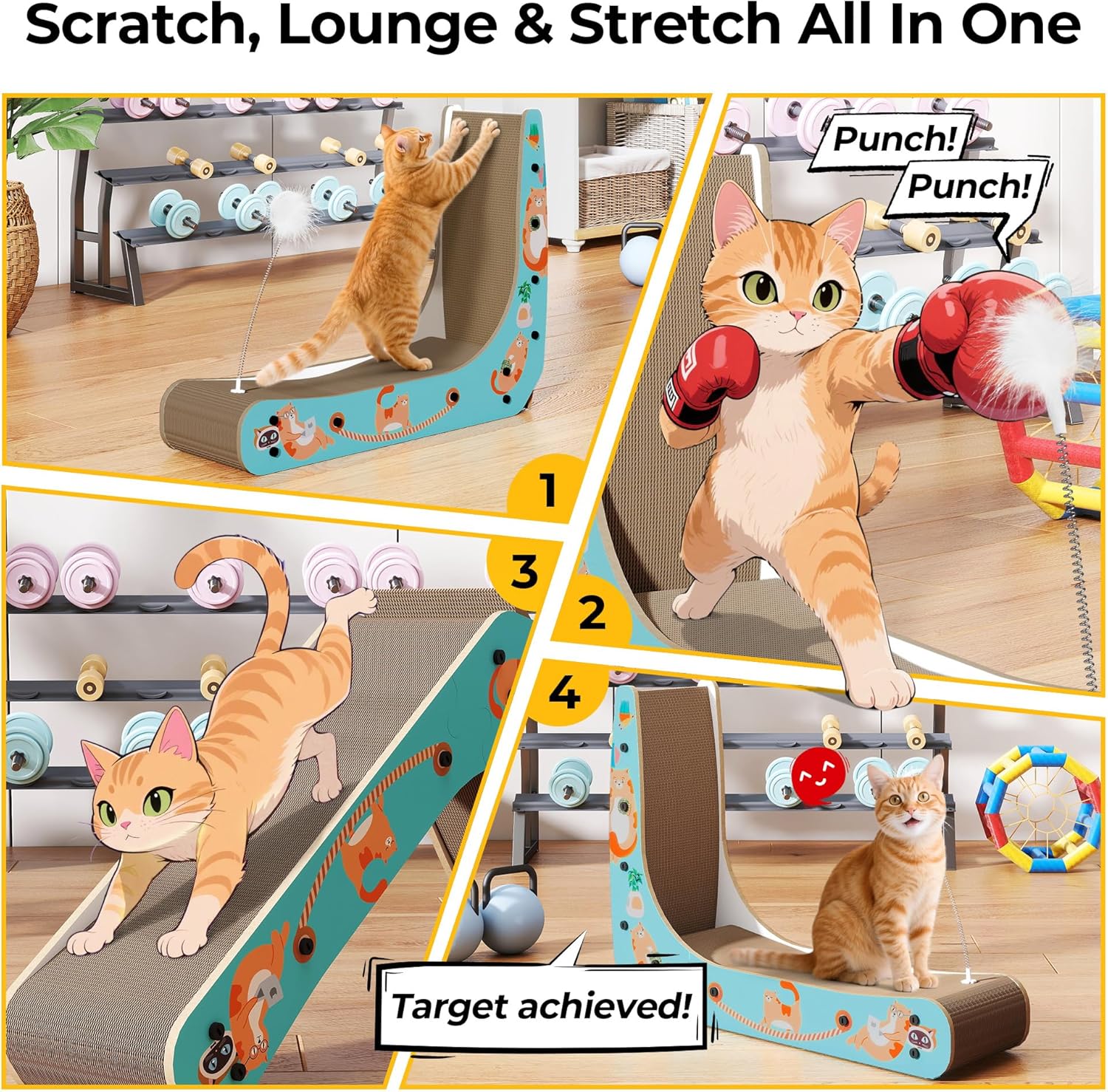 COZIWOW L-Shape Cat Scratcher Lounge, Corrugated Cardboard Scratching Pad for Indoor Cats, Durable Cat Furniture with Spring Toy (Colorful)
