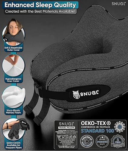 Miniatura 7 de SNUGL Almohada de viaje para el cuello - Almohada de espuma viscoelástica para avión - Almohada de vuelo  Almohada de viaje con soporte para el