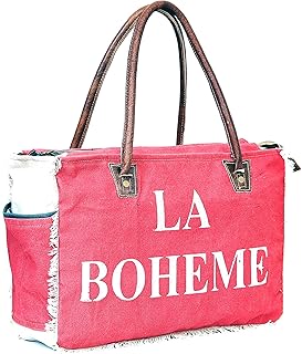 CLA Bags LA BOHEME Upcycled Canvas Hand Bag Upcycled Canvas & Cowhide Tote Bag Radiant Upcycled Canvas & Cowhide Leather Crossbody Bag (16 x 11 Inch, Light-Red)