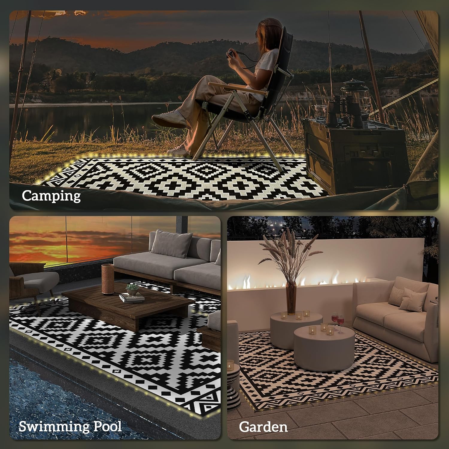 Outsunny Reversible Outdoor Rug Carpet, 10' x 8' Waterproof PP Plastic Straw Rug, Portable RV Camping Mat with LED String Lights, Floor Mat Area, Black and White