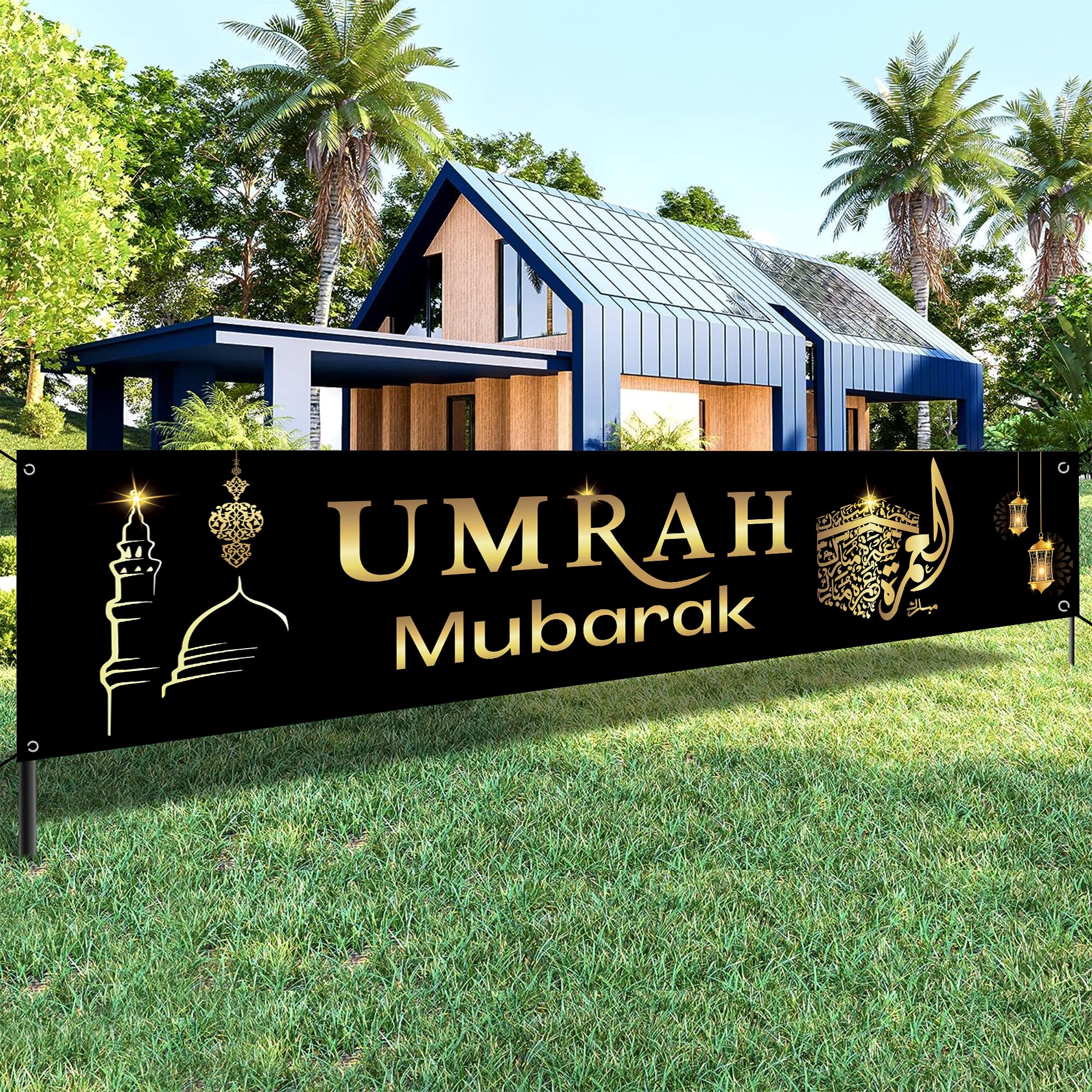 Umrah Mubarak Backdrop Banner Black Gold Ramadan Mubarak Party Decorations Muslim Prayers Eid Indoor Outdoor al-Fitr Party Background Decorations - Image 3