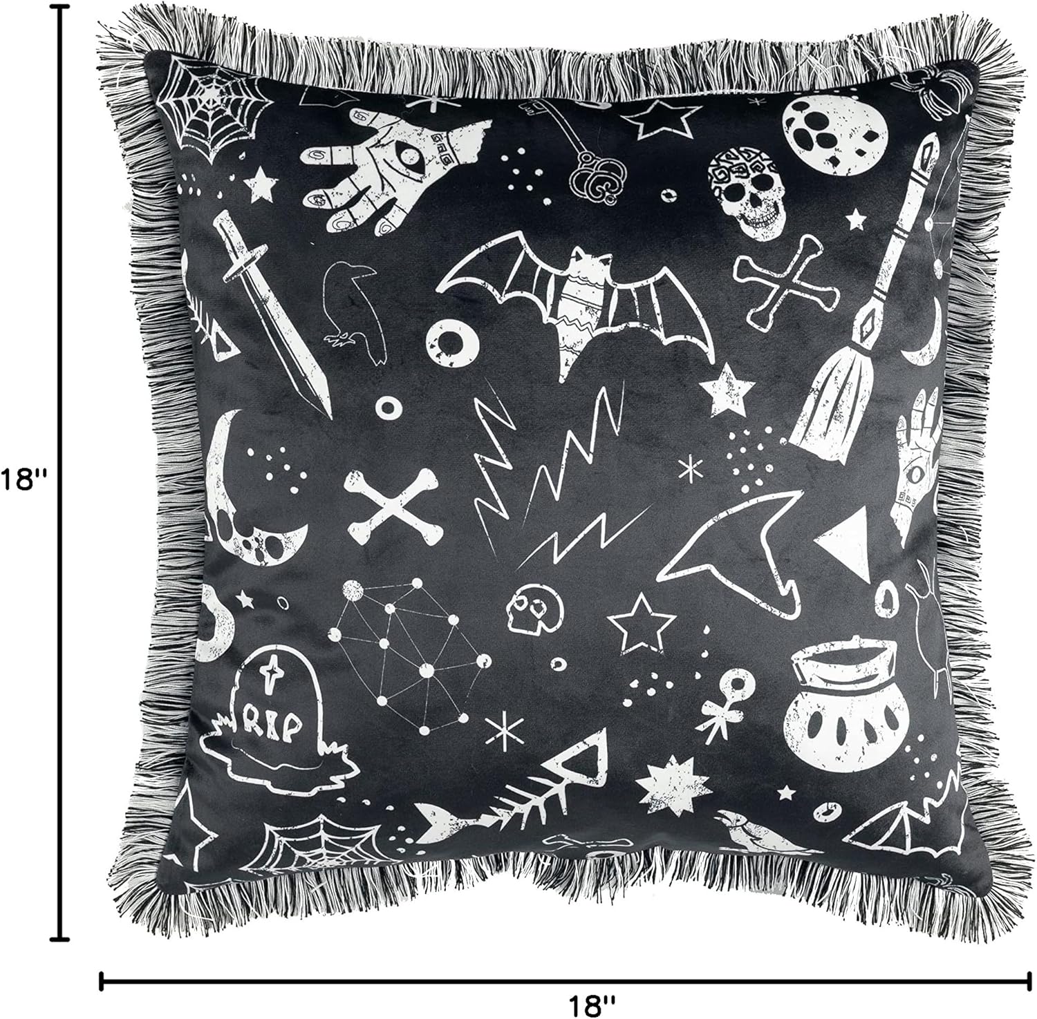 Lush Decor Halloween Elements Decorative Throw Pillow, 18" W x 18" L + 1" Fringe, Black - Square Pillow - Throw Pillows For Bed, Couch, Or Chair
