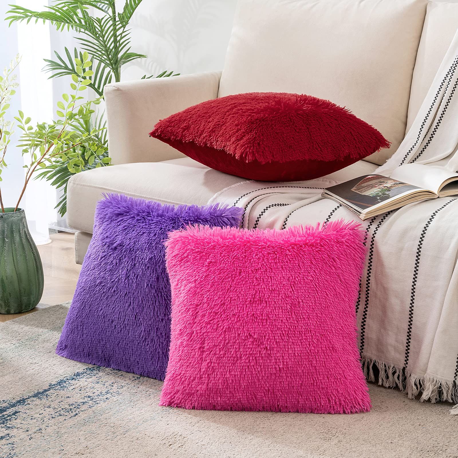 Woaboy Pack of 2 Luxury Faux Fur Throw Pillow Covers Decorative Soft ...