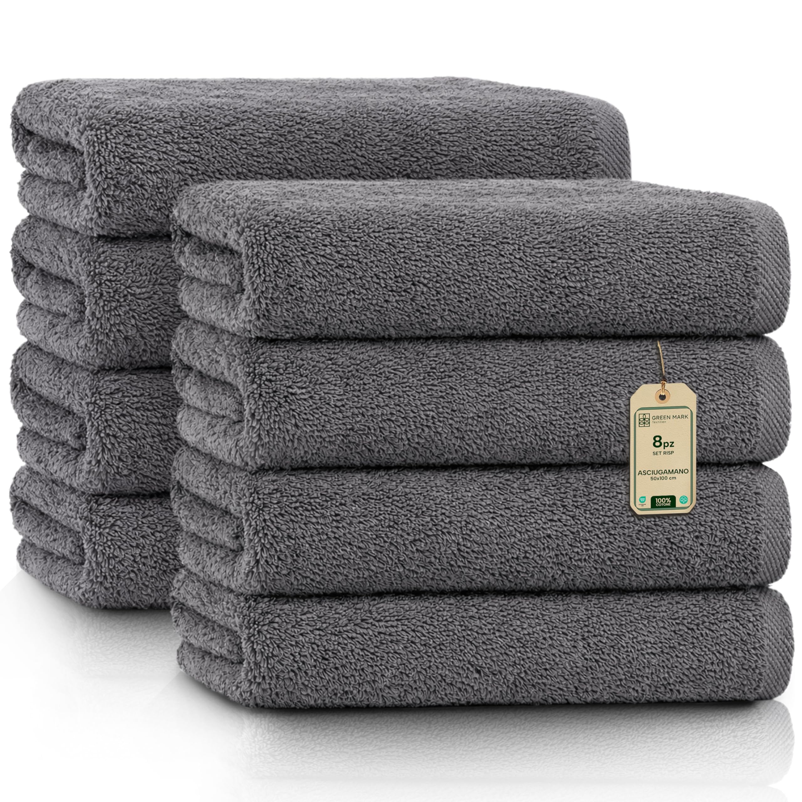 GREEN MARK Asciugamani – Set da 8 Pezzi – 100% Cotone, Morbidi e Altamente Assorbenti, Qualità Premium per Bagno, Spa e Palestra, 50 × 100 cm, Grigio Antracite