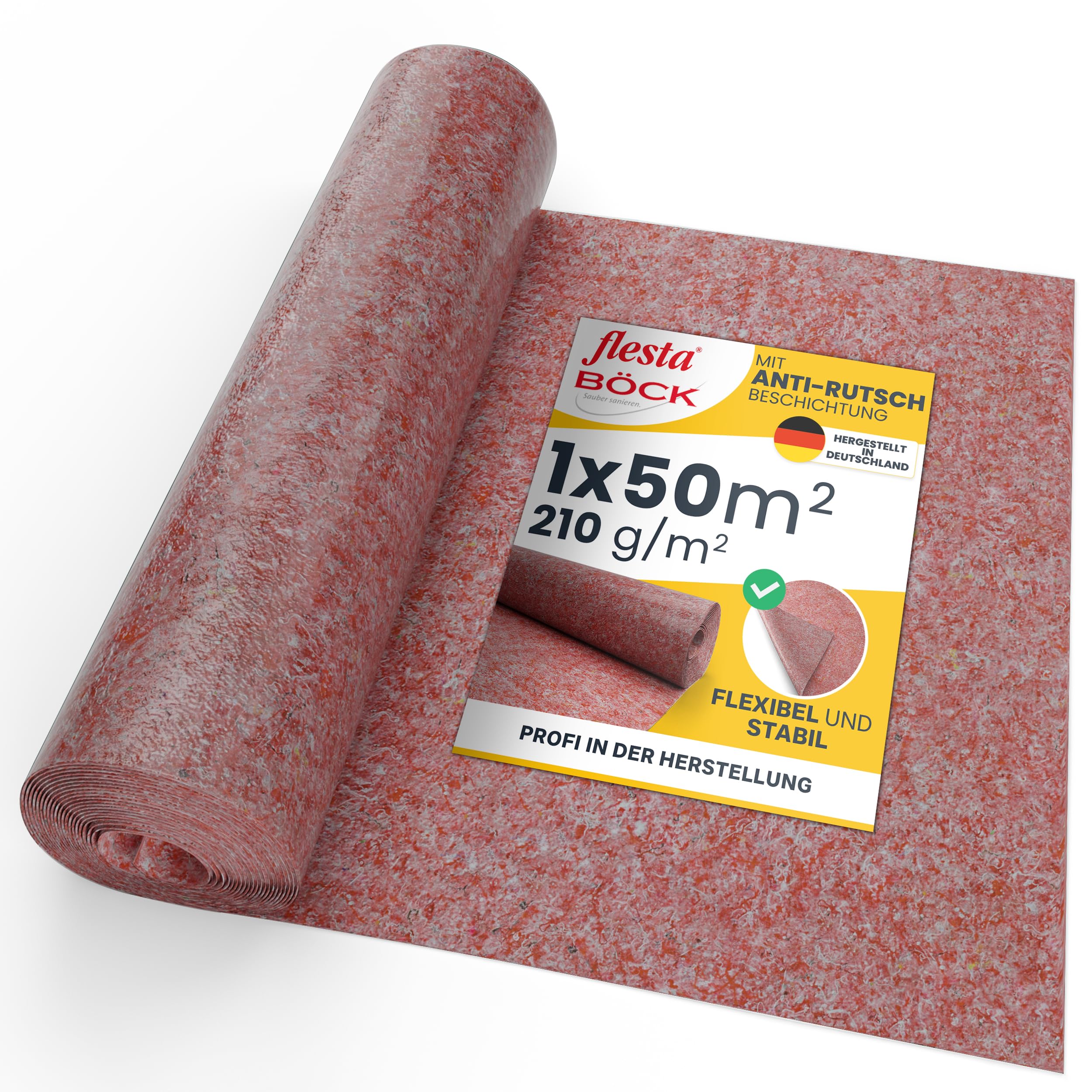Malervlies 1 x 50 m – 210 g/m² saugstarkes Abdeckvlies in Profiqualität I Renoviervlies/Malerfilz rot I Schutzvlies, Bauvlies, Glattvlies & Anstrichvlies für Malerarbeiten I 50 m² Bodenabdeckung