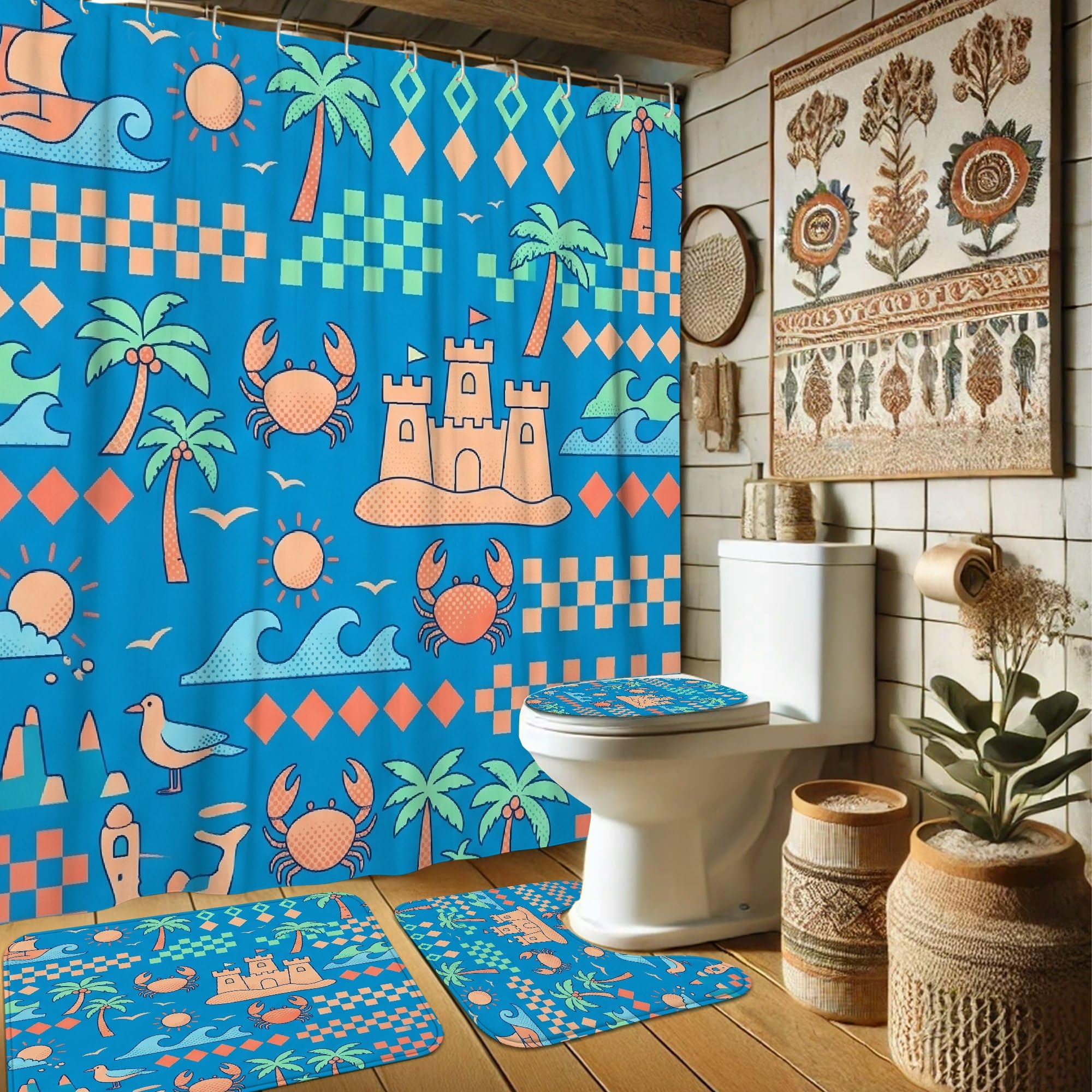 Rideau de douche bleu anti-moisissure avec tapis et œillets renforcés