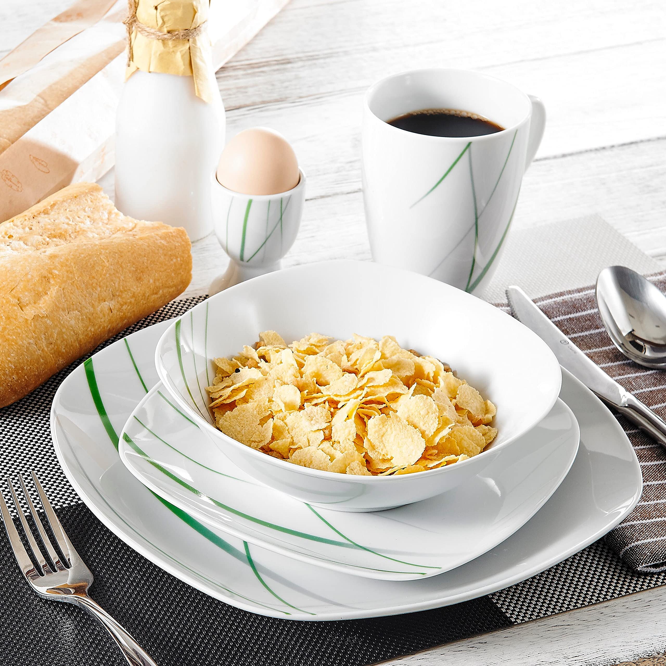 20-częściowy porcelanowy zestaw zastawy stołowej – ceramiczna zastawa stołowa z 4 kubkami na jajka, kubkami, talerzami deserowymi, miseczkami i talerzami obiadowymi, elegancki zestaw kuchenny do