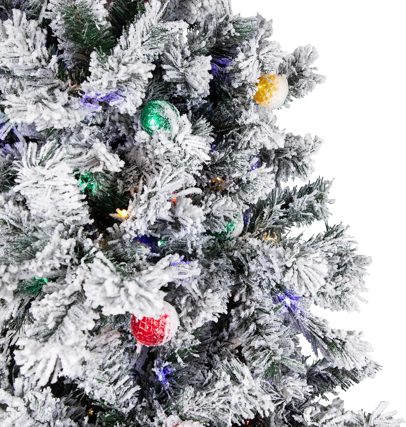 A red 40mm globe LED light nestled within the flocked branches of the tree.